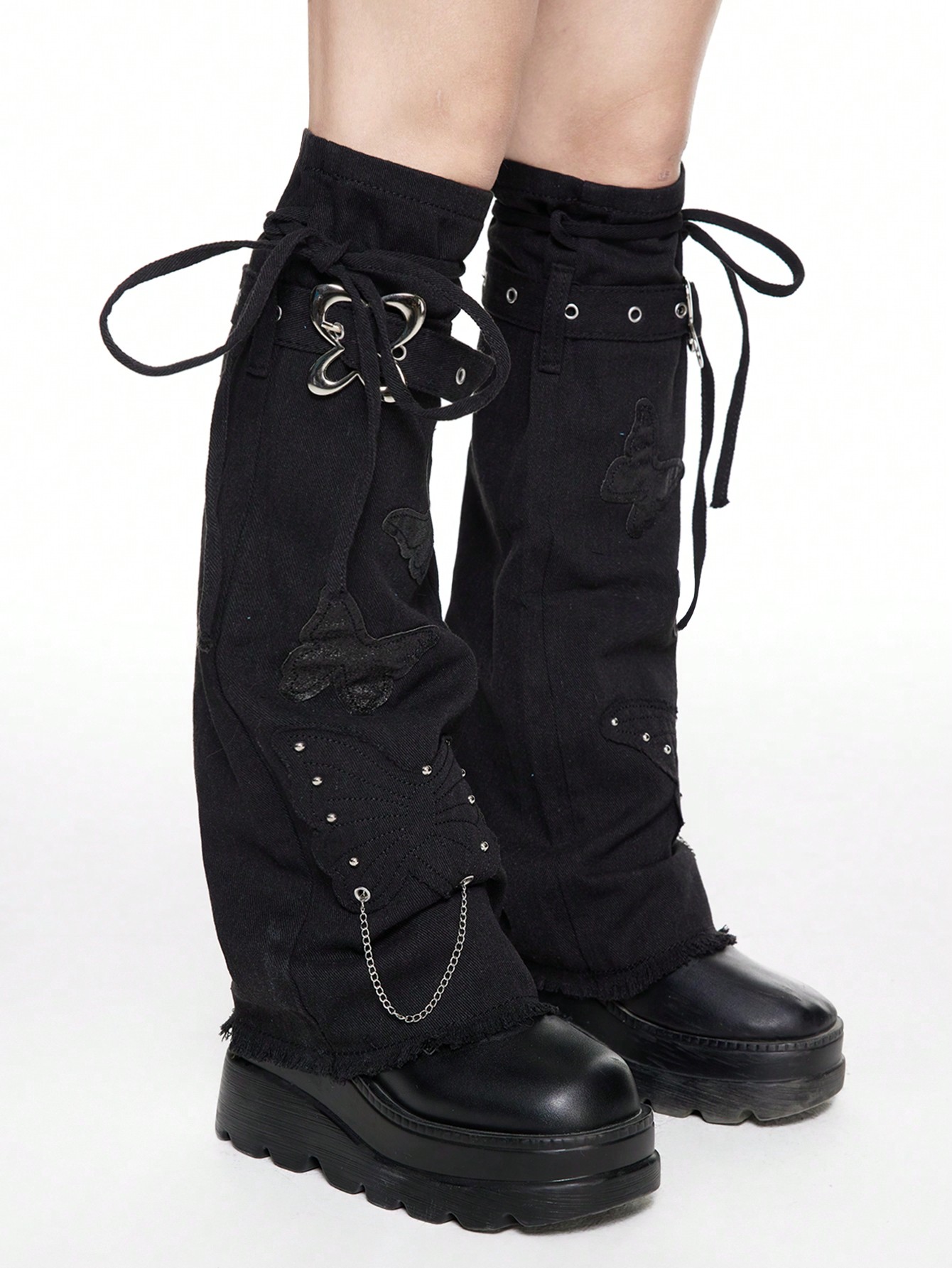 Goth 1 Pair Punk Style Thigh High Leg Warmers, Gothic Grunge Stockings With Straps & Chains, Y2K Butterfly Leg Warmers With Metal Buckle Belt Decoration, Suitable For Daily Wear & Party Occasions