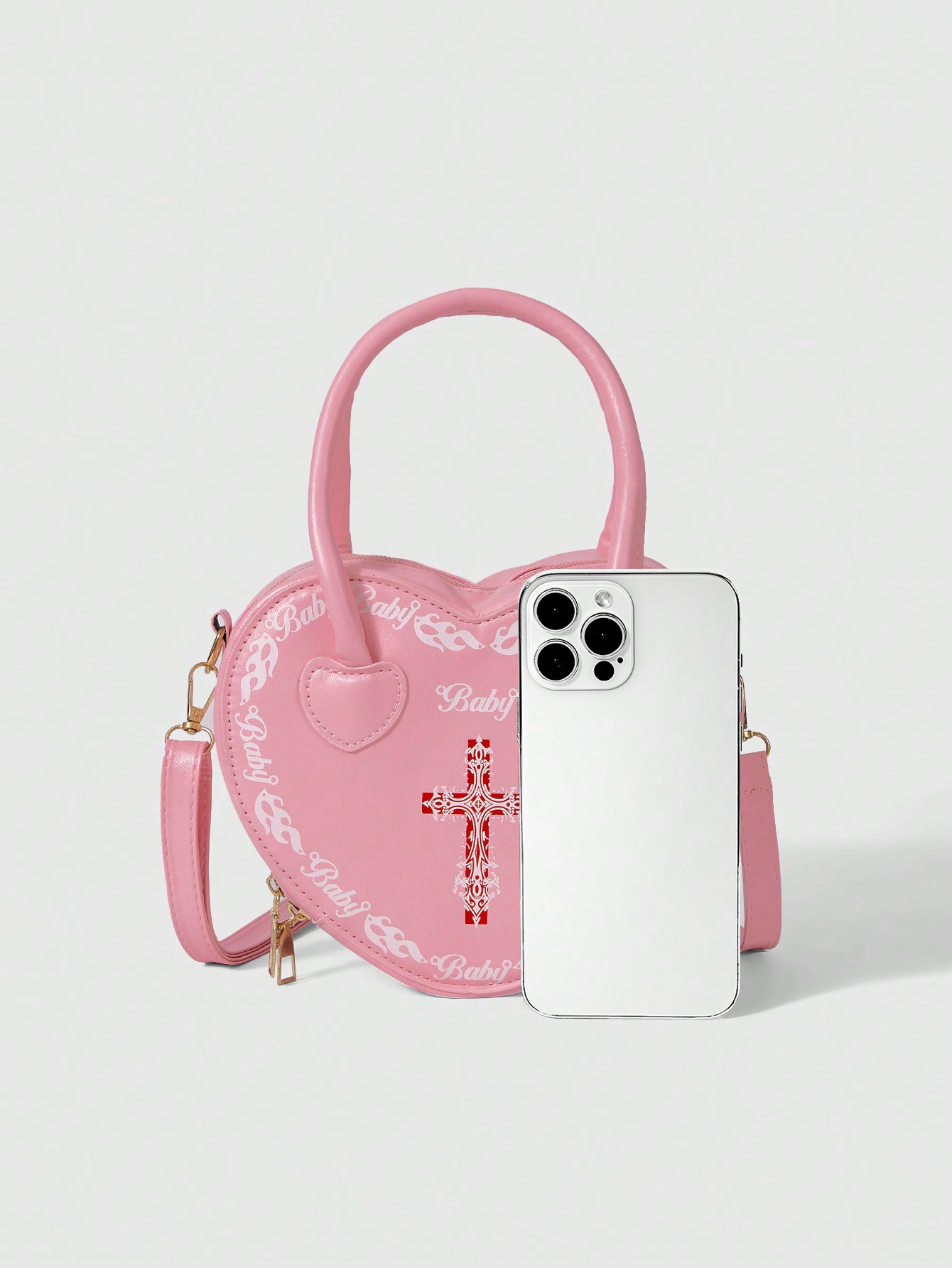 Kawaii Fashionable Contrast Color Cross Floral Print Handbag With Heart Design For Women Valentines