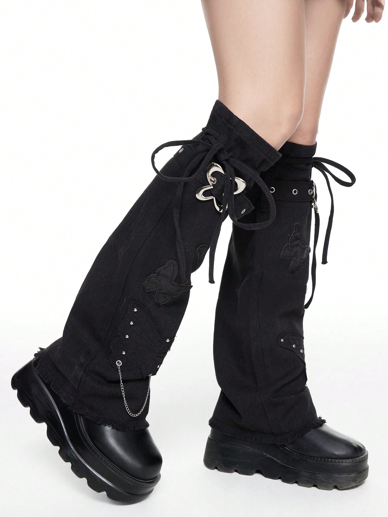 Goth 1 Pair Punk Style Thigh High Leg Warmers, Gothic Grunge Stockings With Straps & Chains, Y2K Butterfly Leg Warmers With Metal Buckle Belt Decoration, Suitable For Daily Wear & Party Occasions