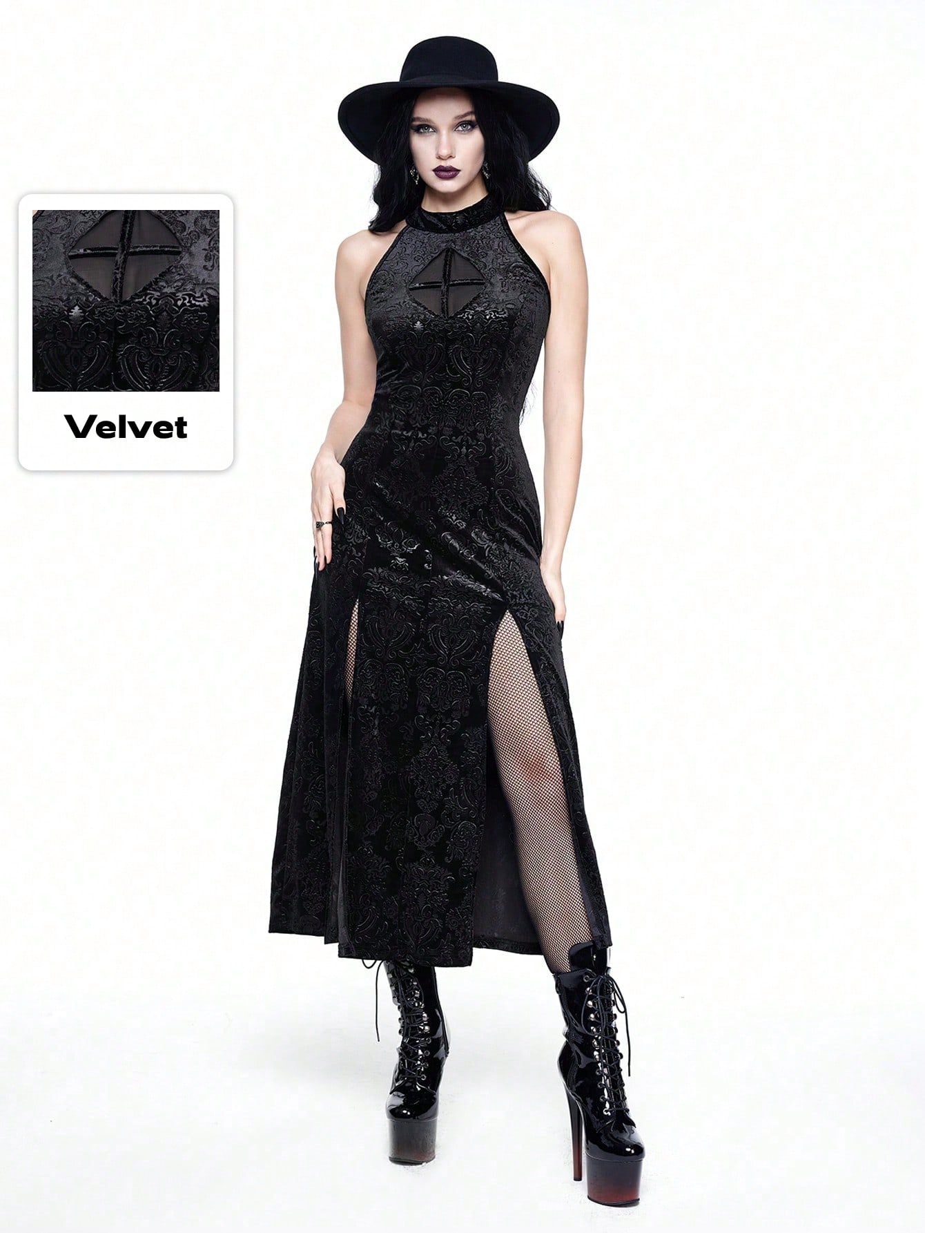 Goth Dark Vampire Gothic Tight-Fitting Hollow Cross High Slit Bodycon Dress, For New Year