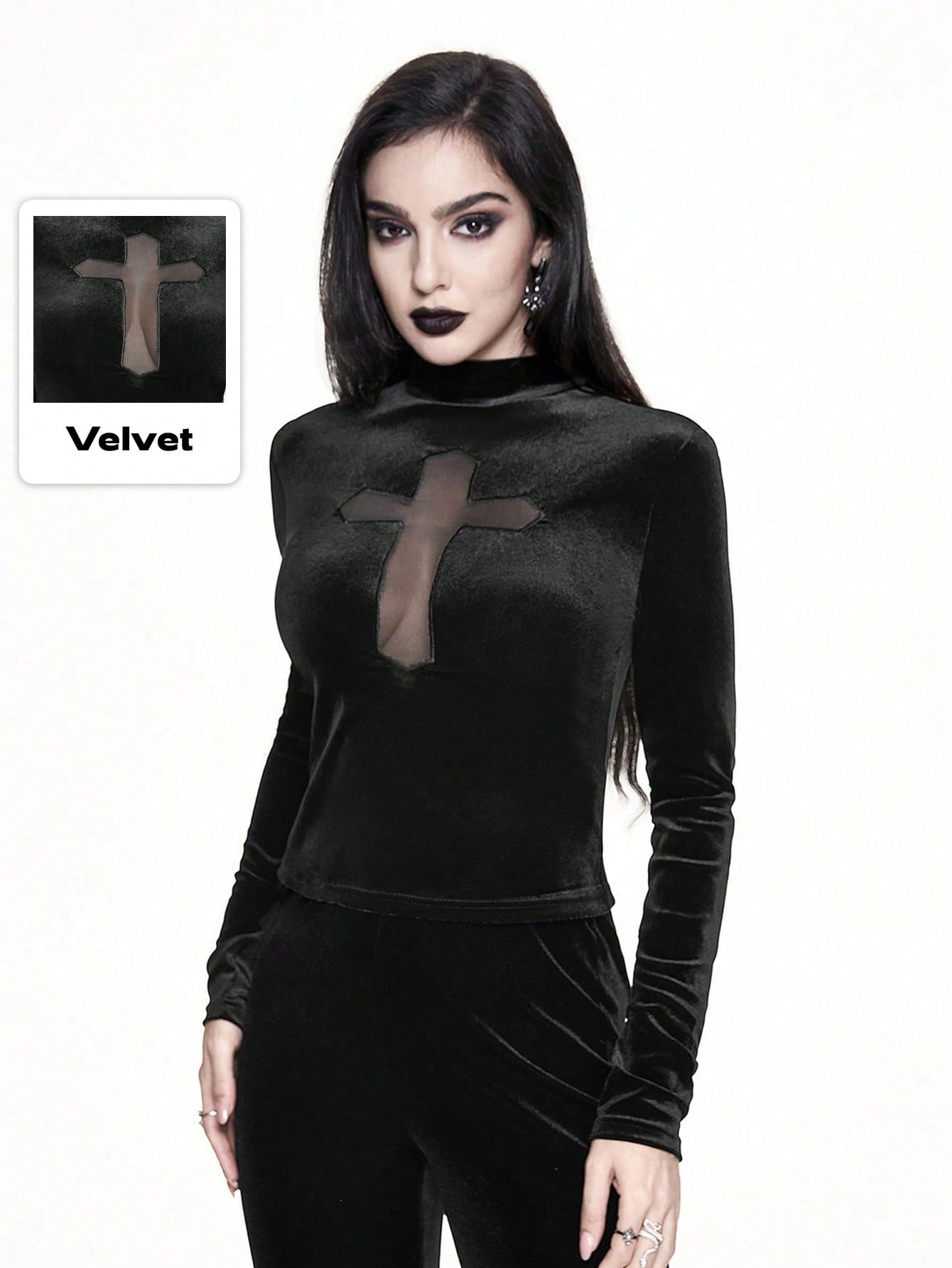 Goth Gothic Vampire Palace Style Tight Cross Hollow Out Velvet Black Long Sleeve Top For Women