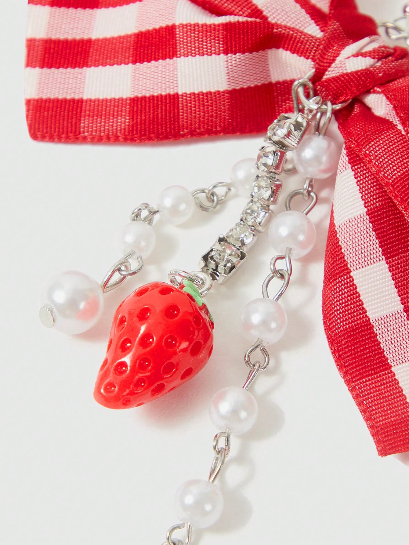 Kawaii 1 Pair Fashionable & Cute Polyester Resin Strawberry Faux Pearl Tassel Bowknot Pendant Earrings For Ladies, Suitable For Party, Gift