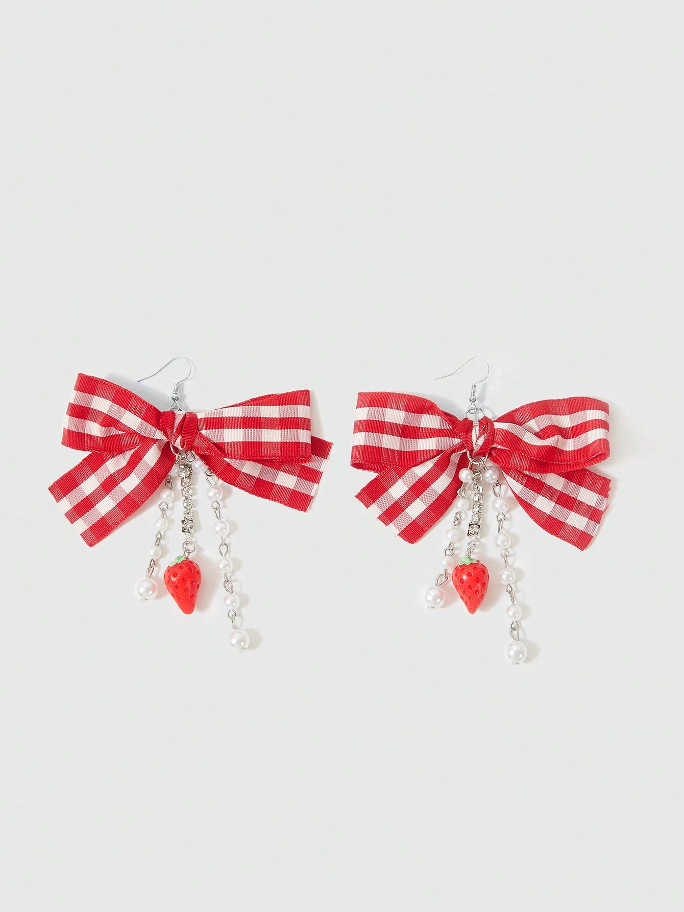 Kawaii 1 Pair Fashionable & Cute Polyester Resin Strawberry Faux Pearl Tassel Bowknot Pendant Earrings For Ladies, Suitable For Party, Gift
