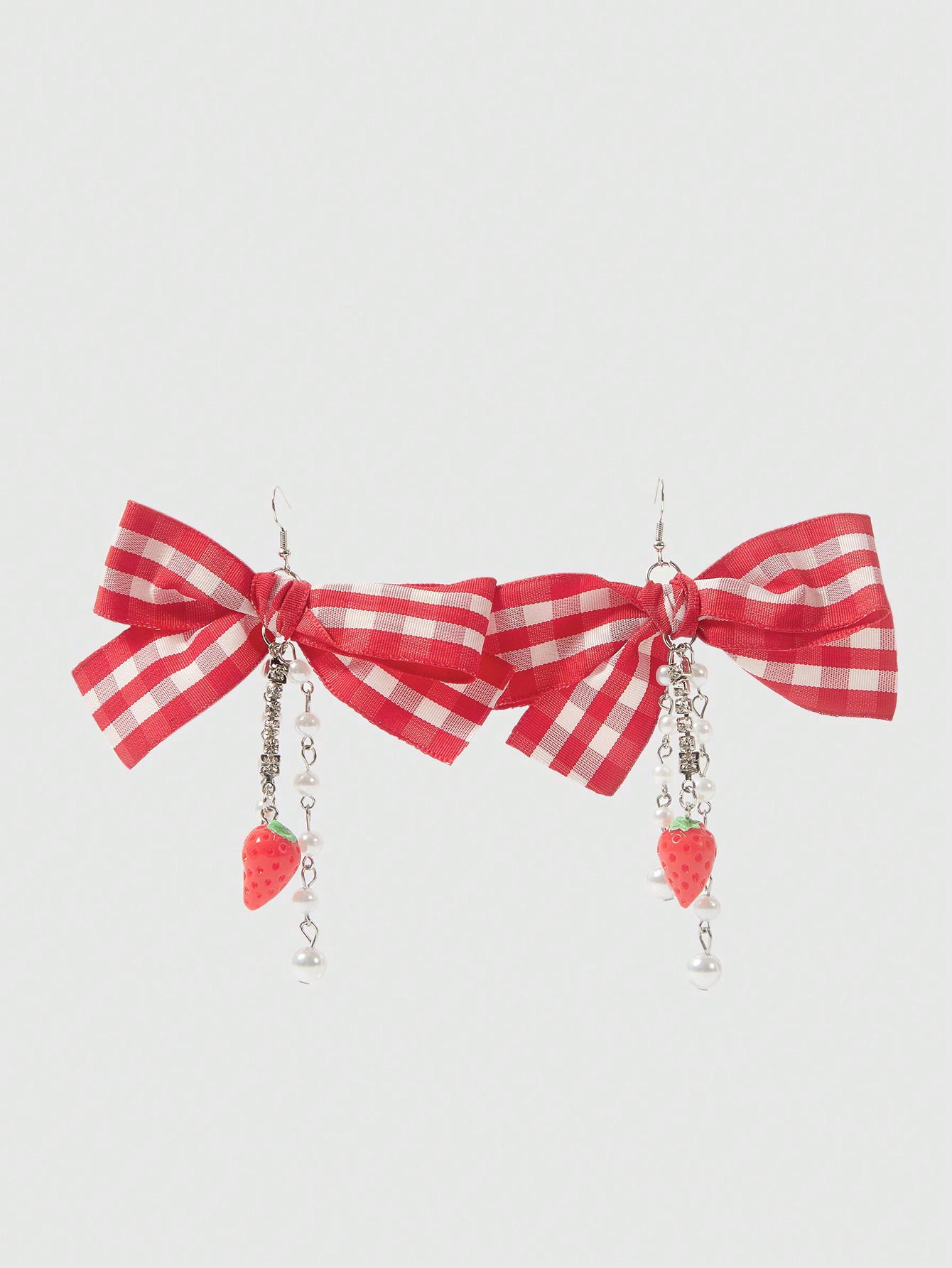 Kawaii 1 Pair Fashionable & Cute Polyester Resin Strawberry Faux Pearl Tassel Bowknot Pendant Earrings For Ladies, Suitable For Party, Gift