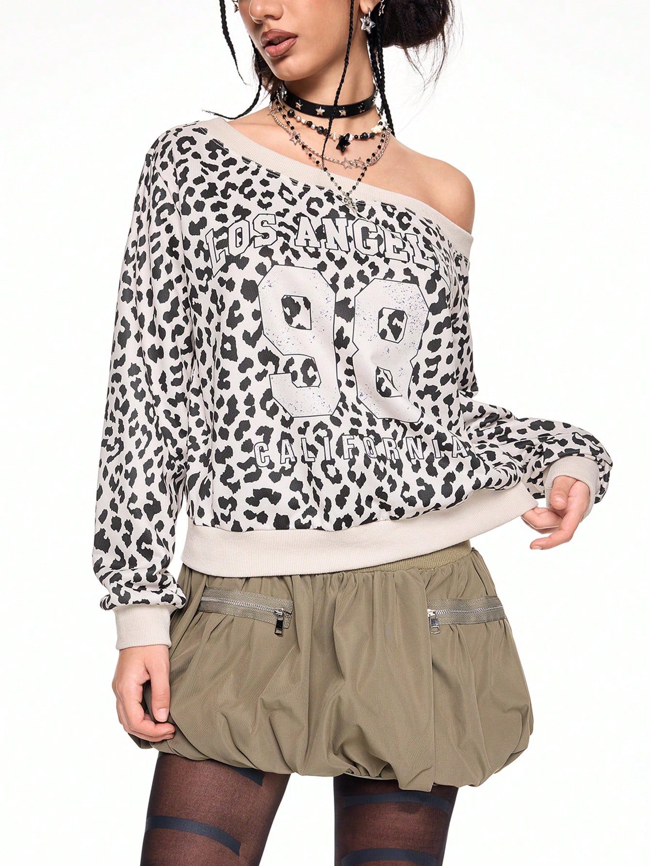 ROMWE Avant Y2K Leopard Print Asymmetric Collar Sweatshirt