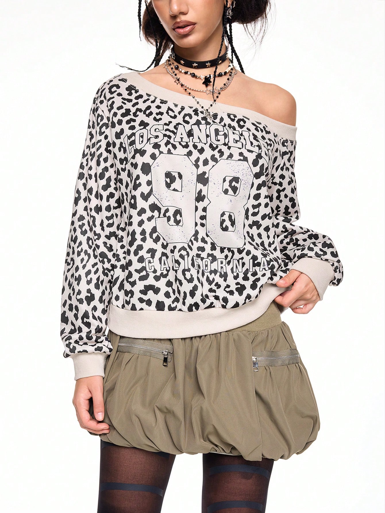 ROMWE Avant Y2K Leopard Print Asymmetric Collar Sweatshirt