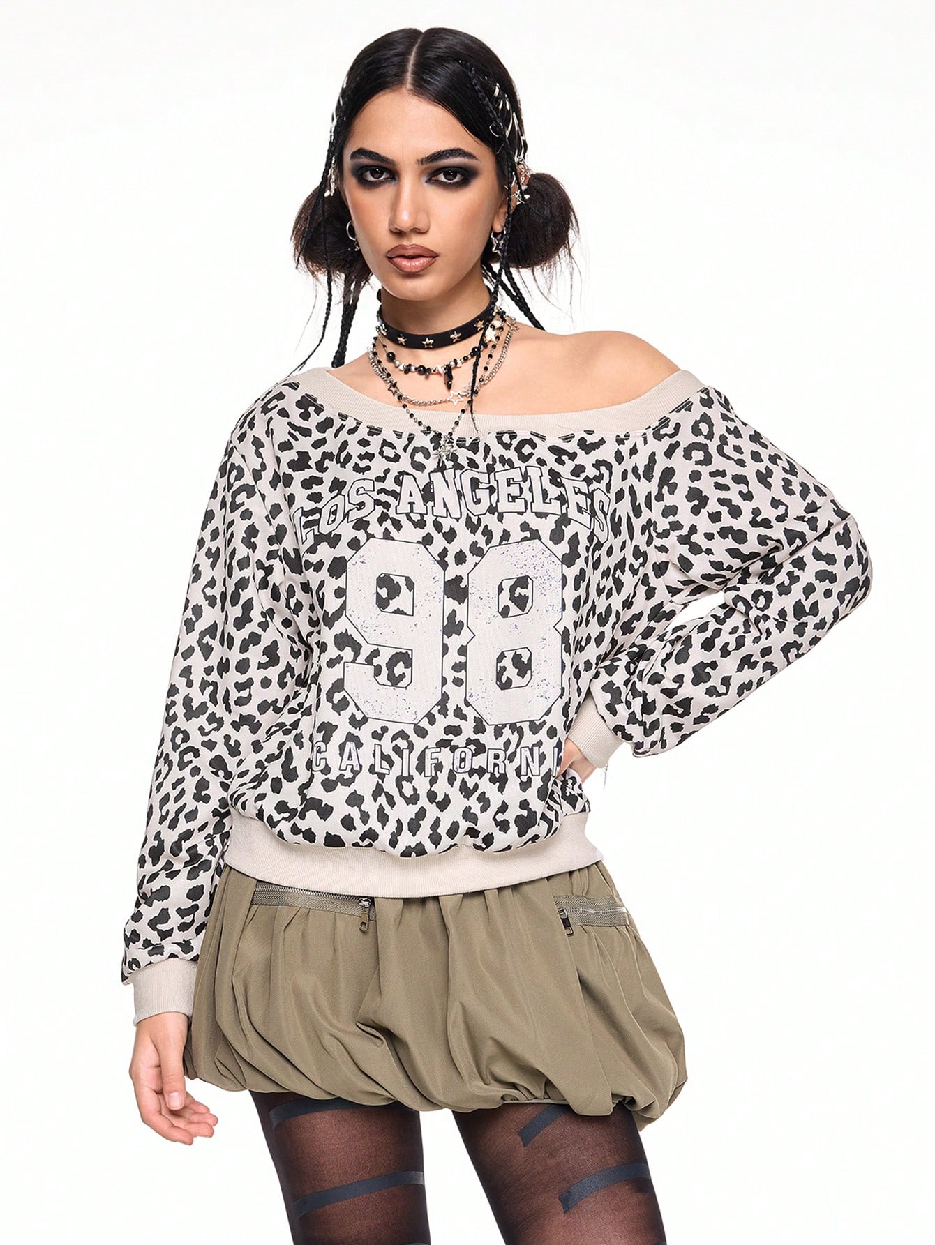 ROMWE Avant Y2K Leopard Print Asymmetric Collar Sweatshirt