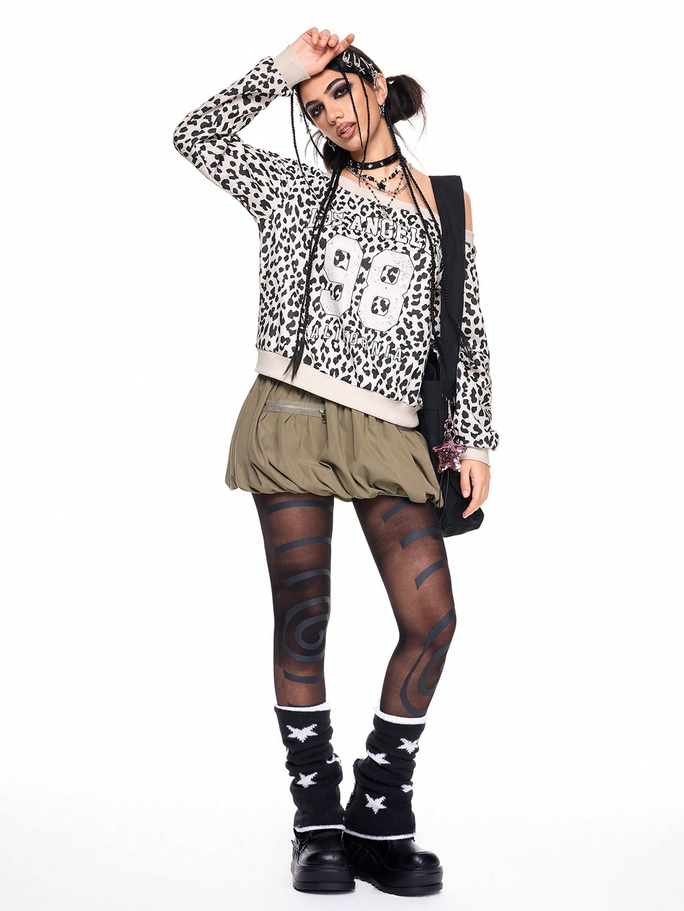 ROMWE Avant Y2K Leopard Print Asymmetric Collar Sweatshirt