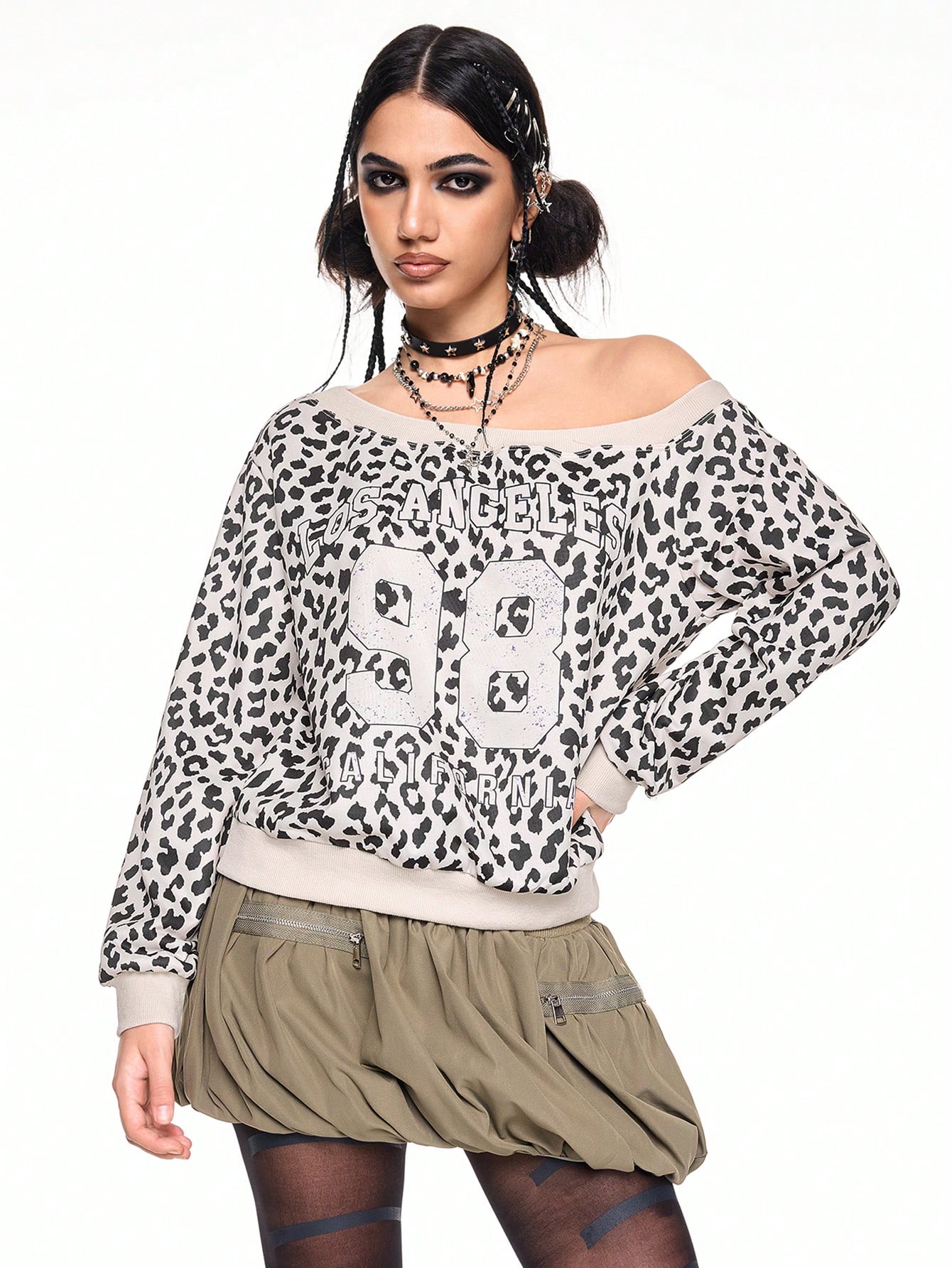 ROMWE Avant Y2K Leopard Print Asymmetric Collar Sweatshirt