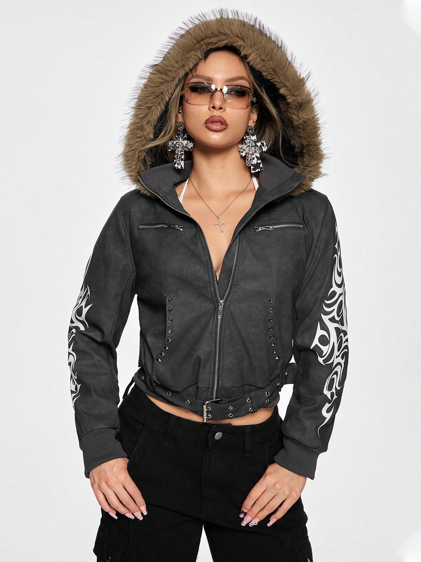 Grunge Punk Y3K Yabi Dark Fitted Jacket With Fluffy & Totem Print, Winter Outfit