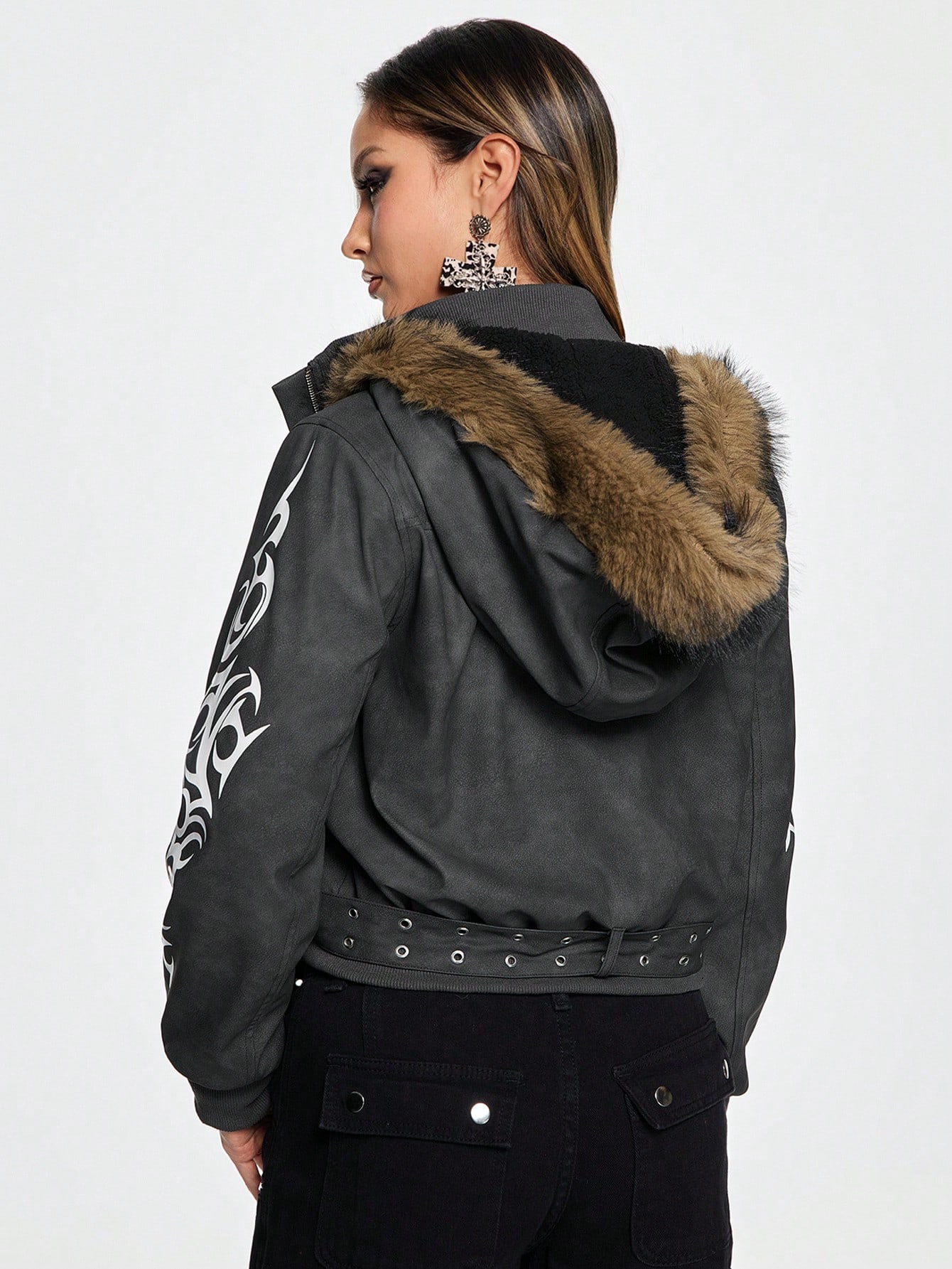 Grunge Punk Y3K Yabi Dark Fitted Jacket With Fluffy & Totem Print, Winter Outfit