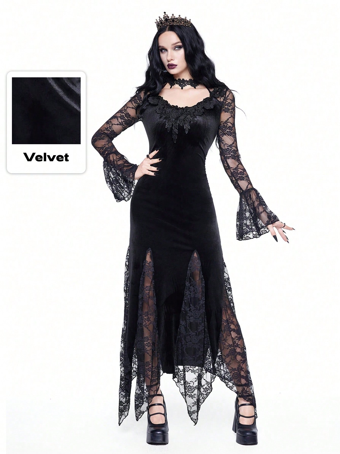 Goth Black Velvet Elegant Gothic Sexy Contrast Lace Applique High Slit Dress For Women, For New Year