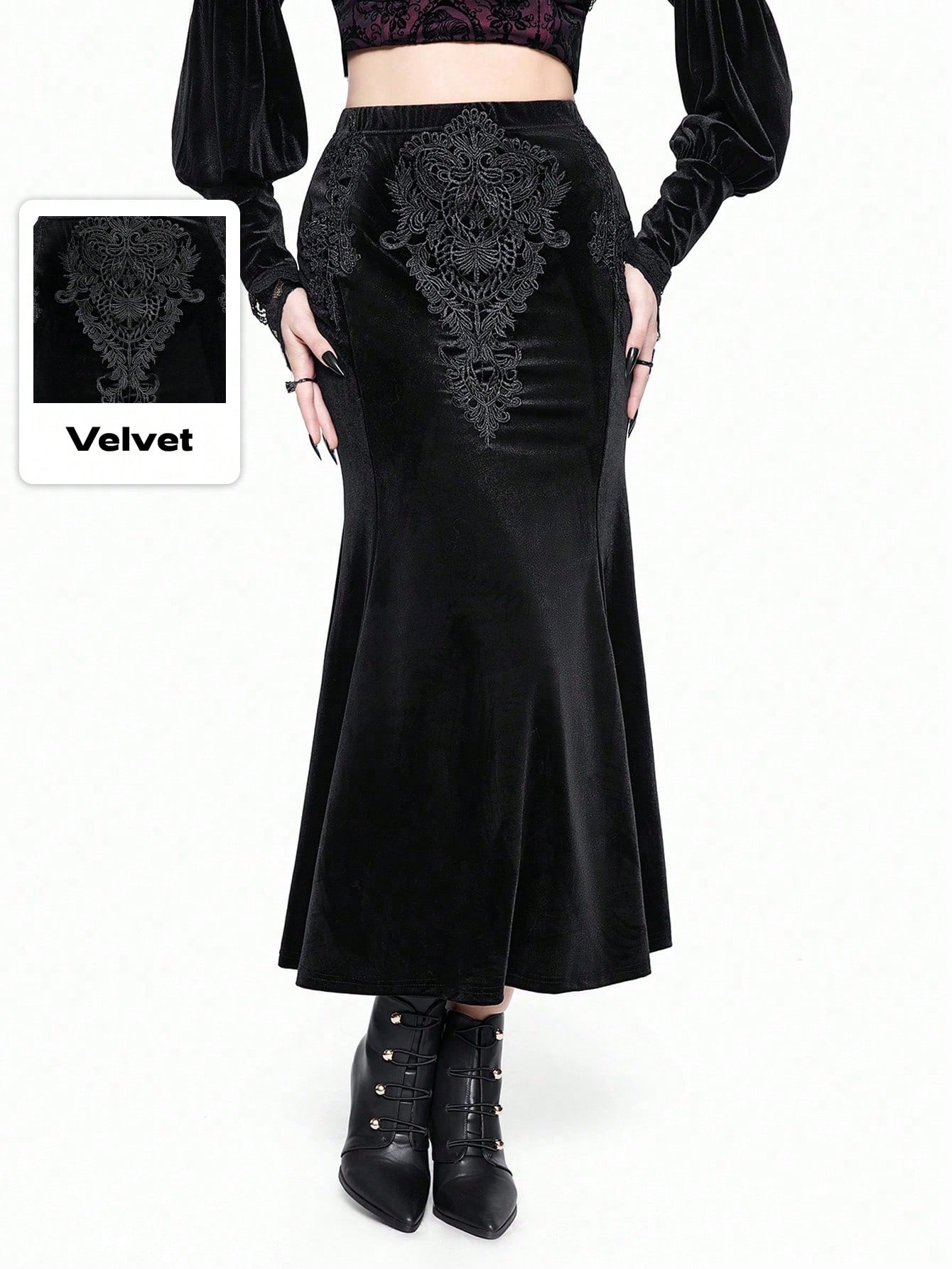 Goth Gothic Retro Palace Embroidery Patch Bodycon Fishtail Midi Skirt