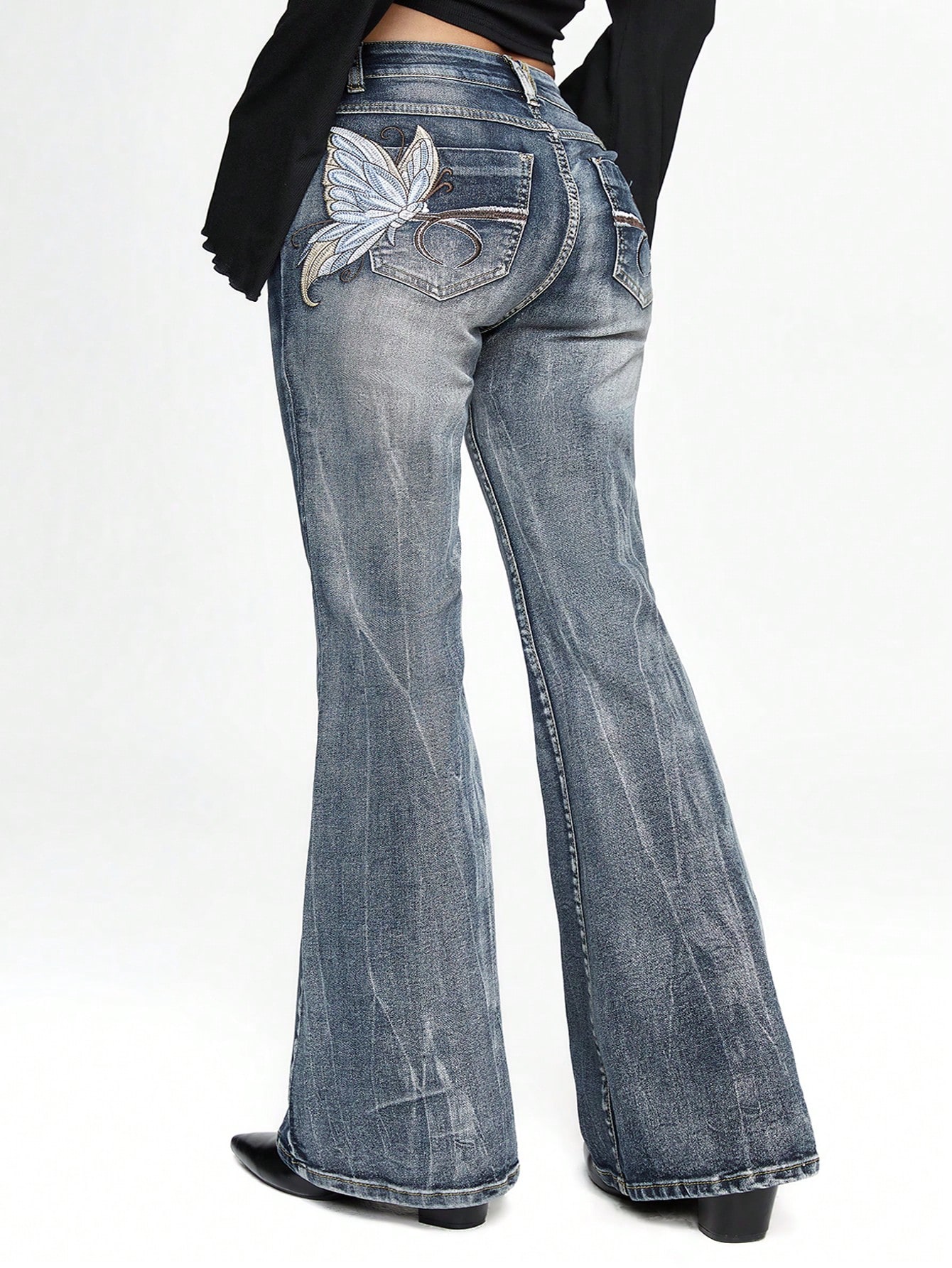 Grunge Punk Retro Butterfly Embroidered Flared Jeans, Vintage Washed Denim Pants, Plus Size, Festival Style