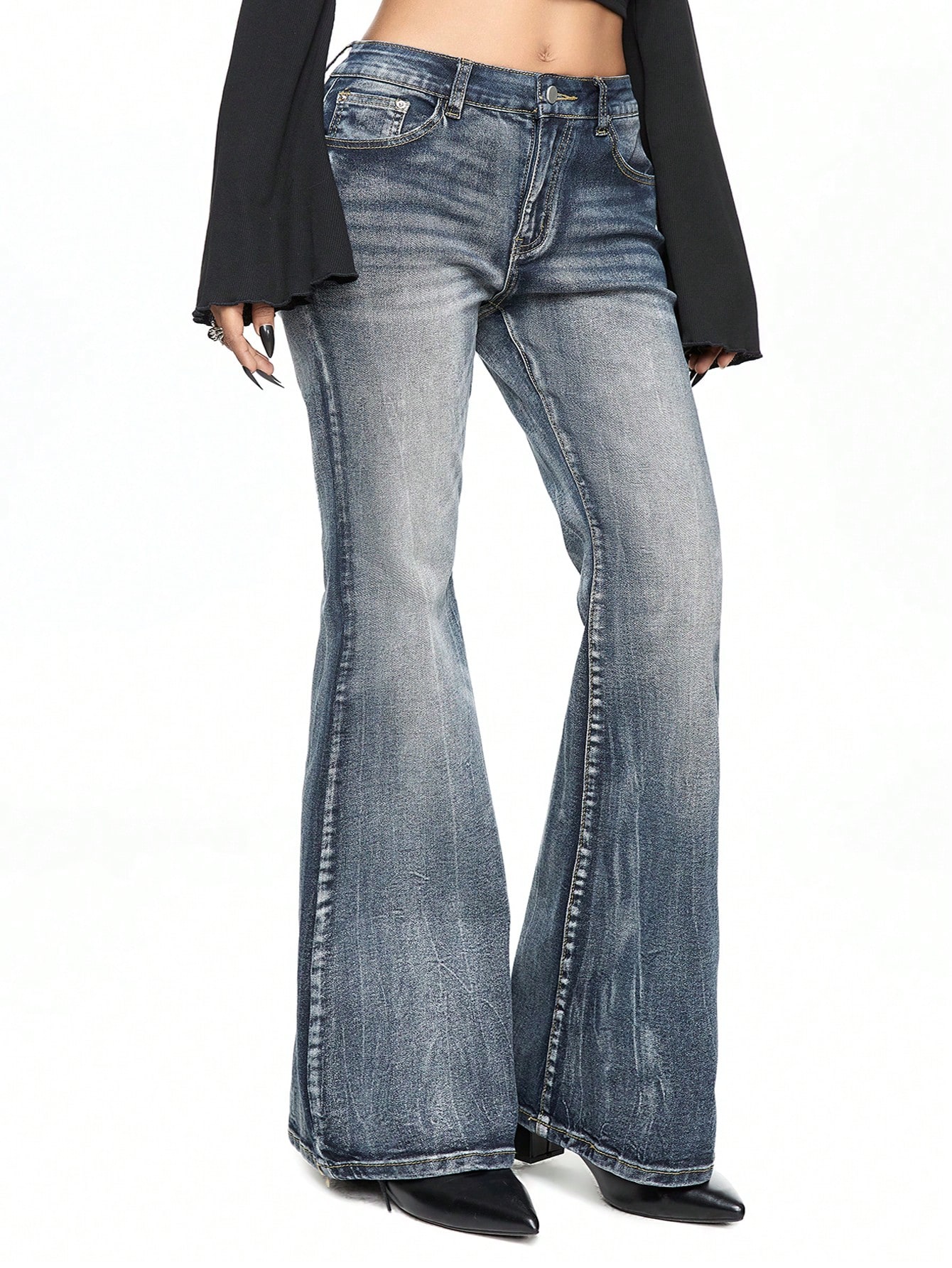 Grunge Punk Retro Butterfly Embroidered Flared Jeans, Vintage Washed Denim Pants, Plus Size, Festival Style