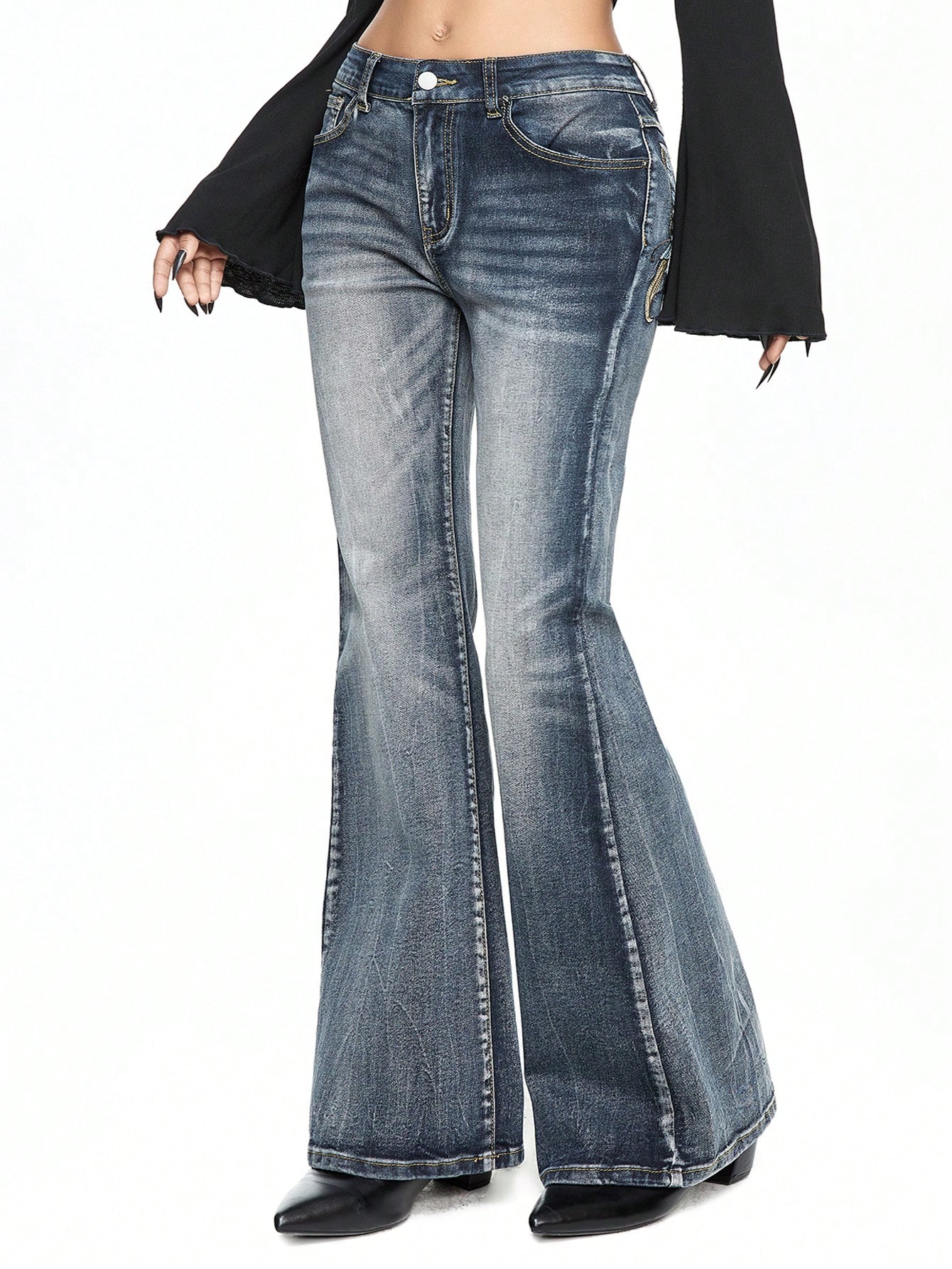 Grunge Punk Retro Butterfly Embroidered Flared Jeans, Vintage Washed Denim Pants, Plus Size, Festival Style