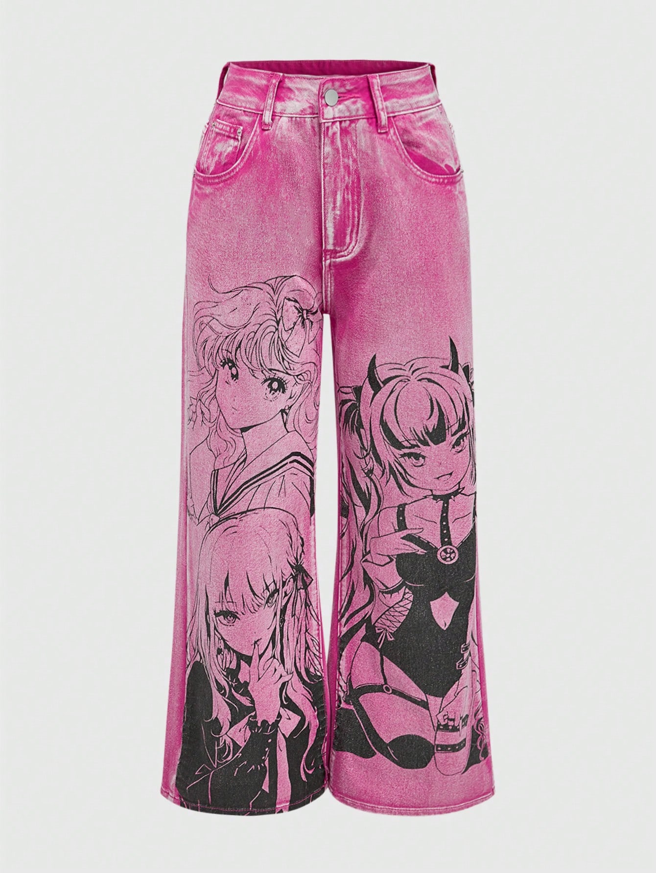 Anime Cute Cartoon Girl Printed Pocket Wide Leg Loose Women Jeans