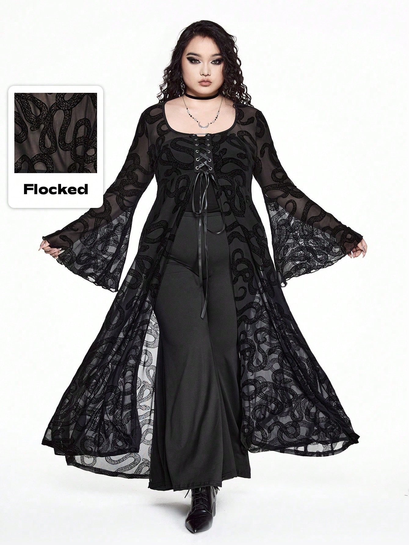Goth Plus Size Gothic Snake Skin Flocked Flare Sleeve Dress