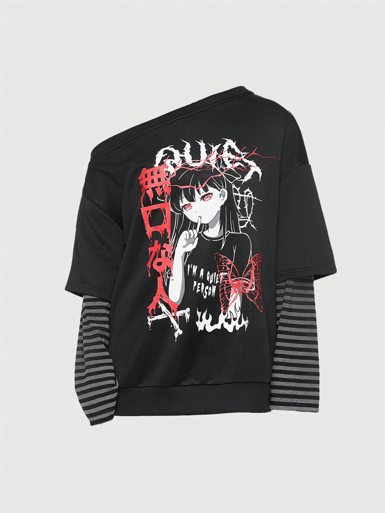 Anime Women's Cartoon Pattern Oblique Shoulder Splicing Sweatshirt