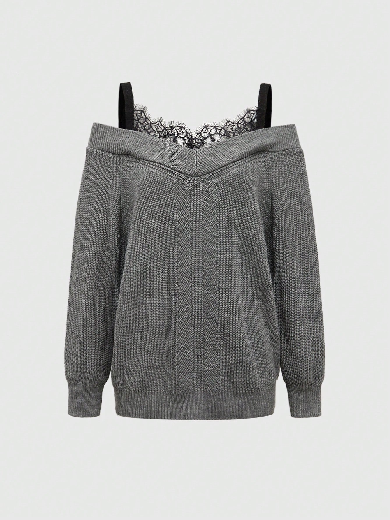 Sexy Elegant Contrast Lace Off Shoulder Loose Pullover Sweater For Women