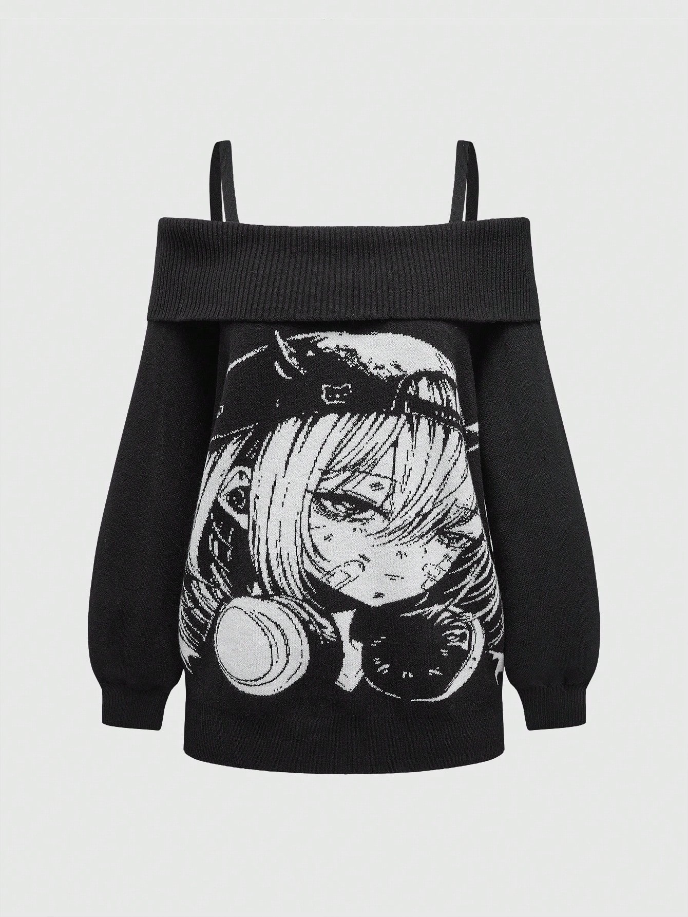 ROMWE Avant Women's Cartoon Pattern Jacquard Knit Open Shoulder Long Sleeve Sweater