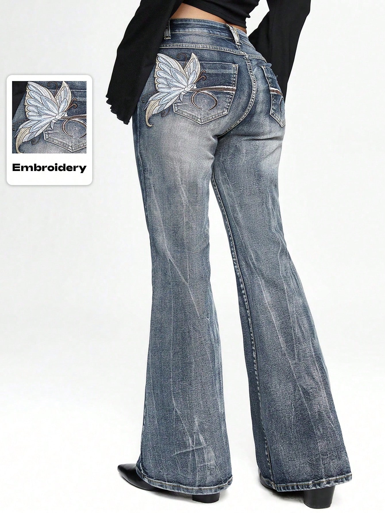 Grunge Punk Retro Butterfly Embroidered Flared Jeans, Vintage Washed Denim Pants, Plus Size, Festival Style