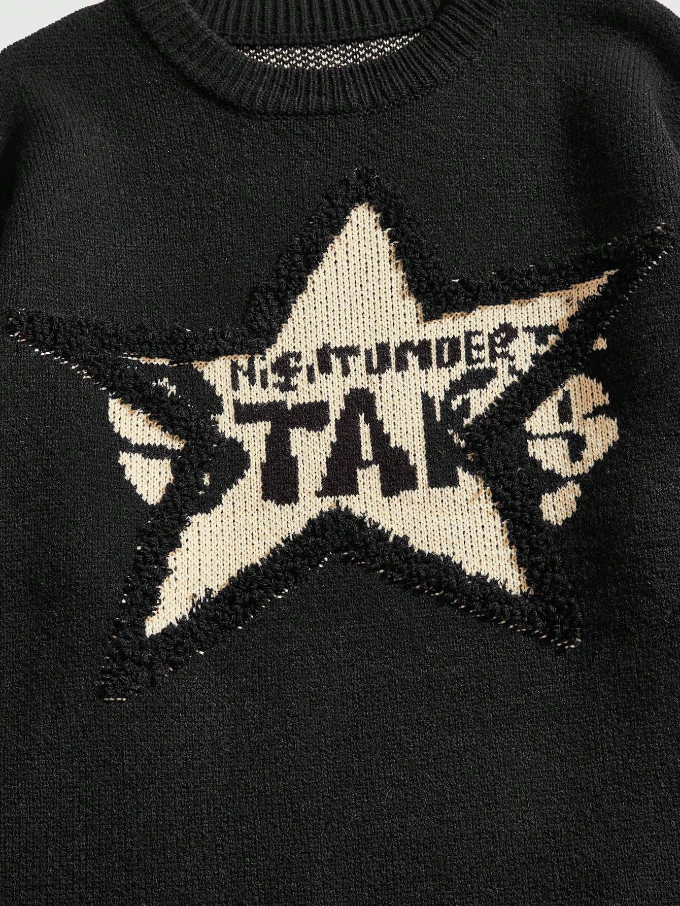 Men's Casual Young Crew Neck Long Sleeve Knitted Pullover Sweater With Five-Pointed Star Print, Black Daily Wear
