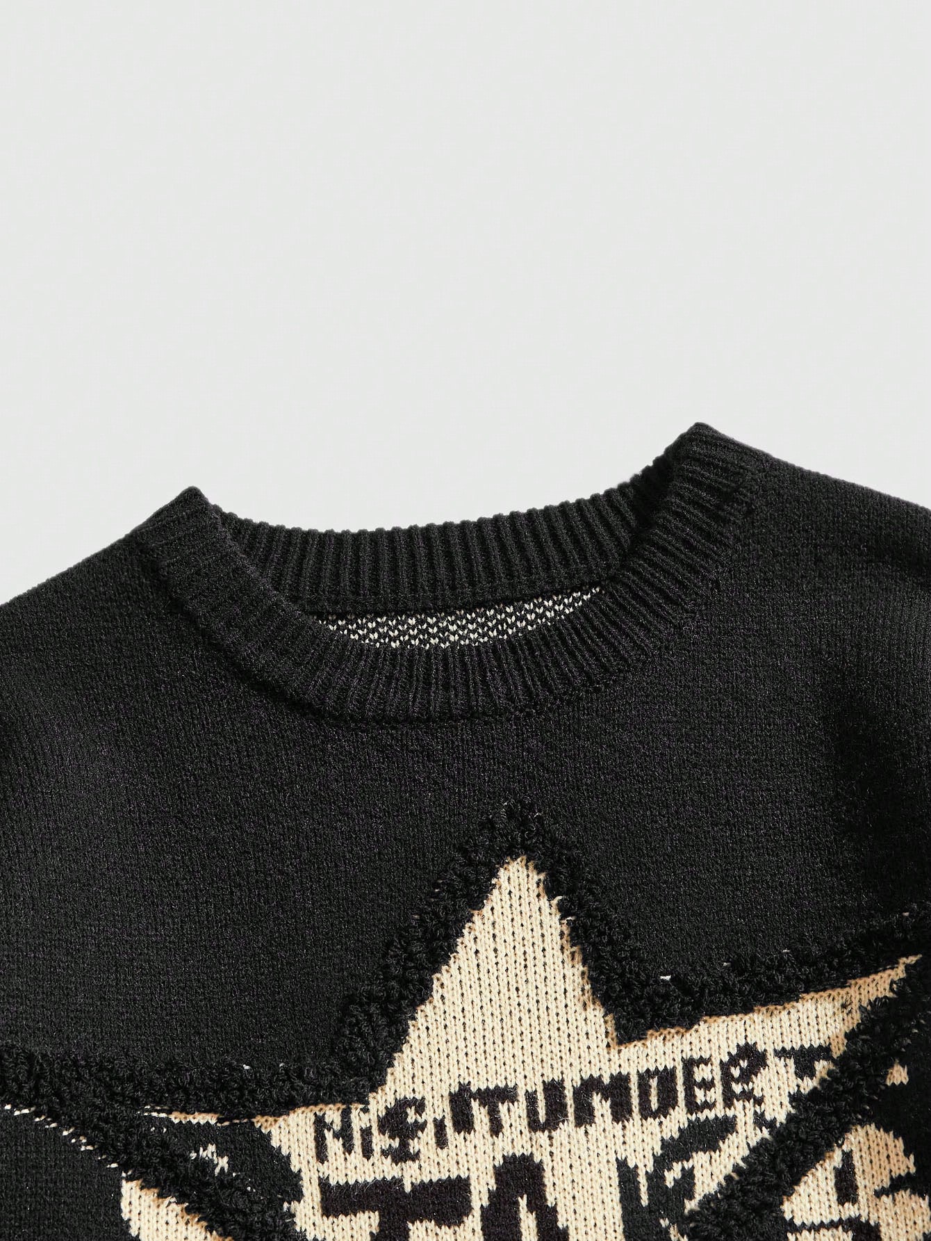 Men's Casual Young Crew Neck Long Sleeve Knitted Pullover Sweater With Five-Pointed Star Print, Black Daily Wear