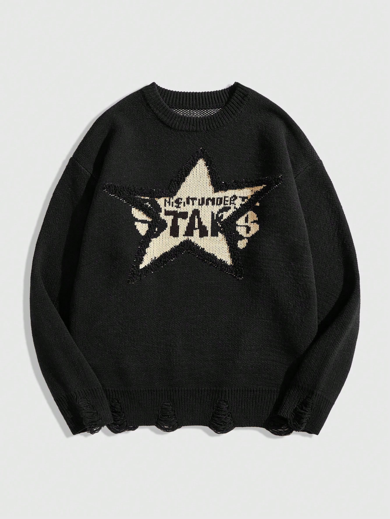 Men's Casual Young Crew Neck Long Sleeve Knitted Pullover Sweater With Five-Pointed Star Print, Black Daily Wear