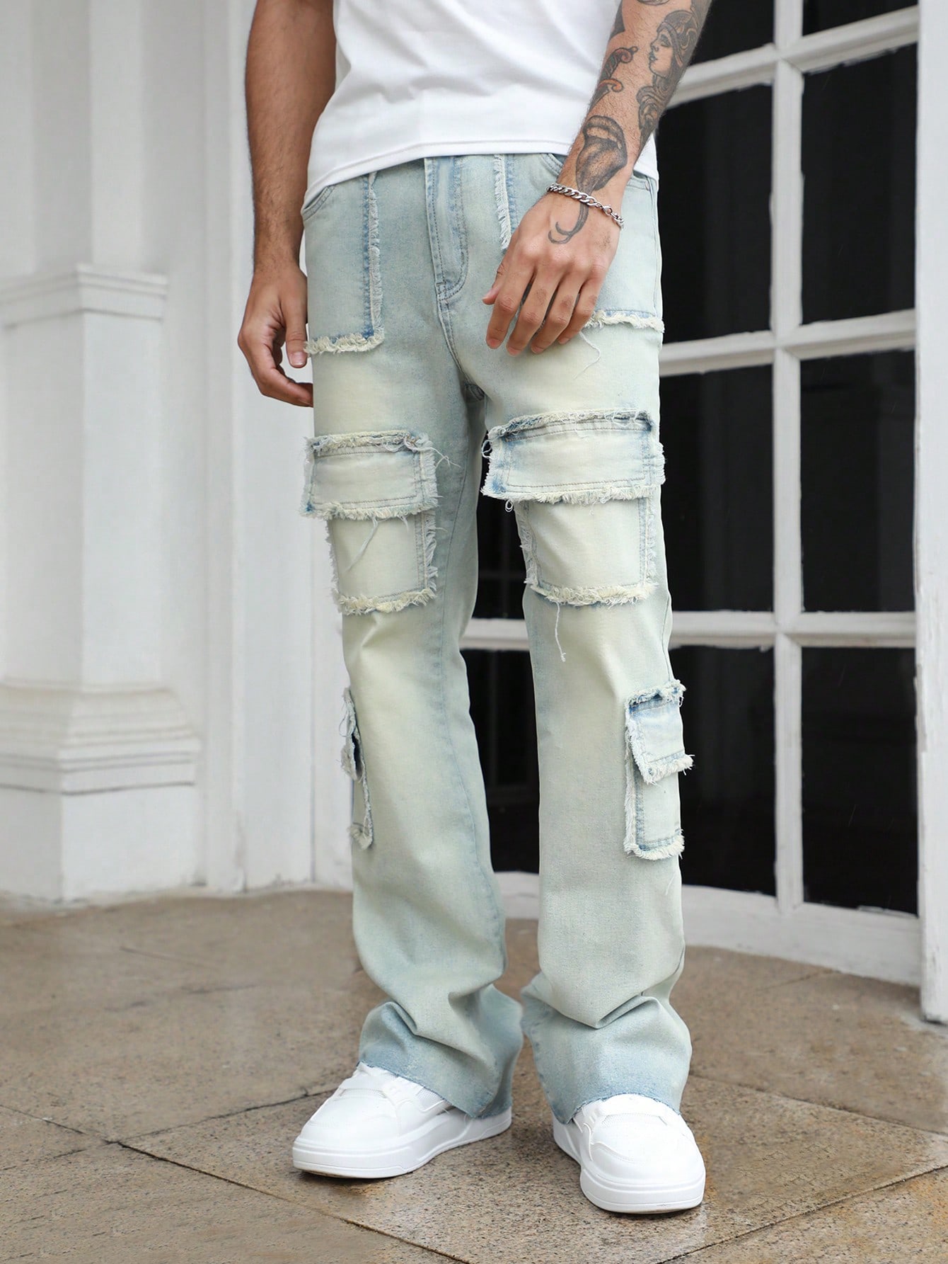 Street Life Men's Cargo Pocket Distressed Straight Leg Casual Denim Jeans