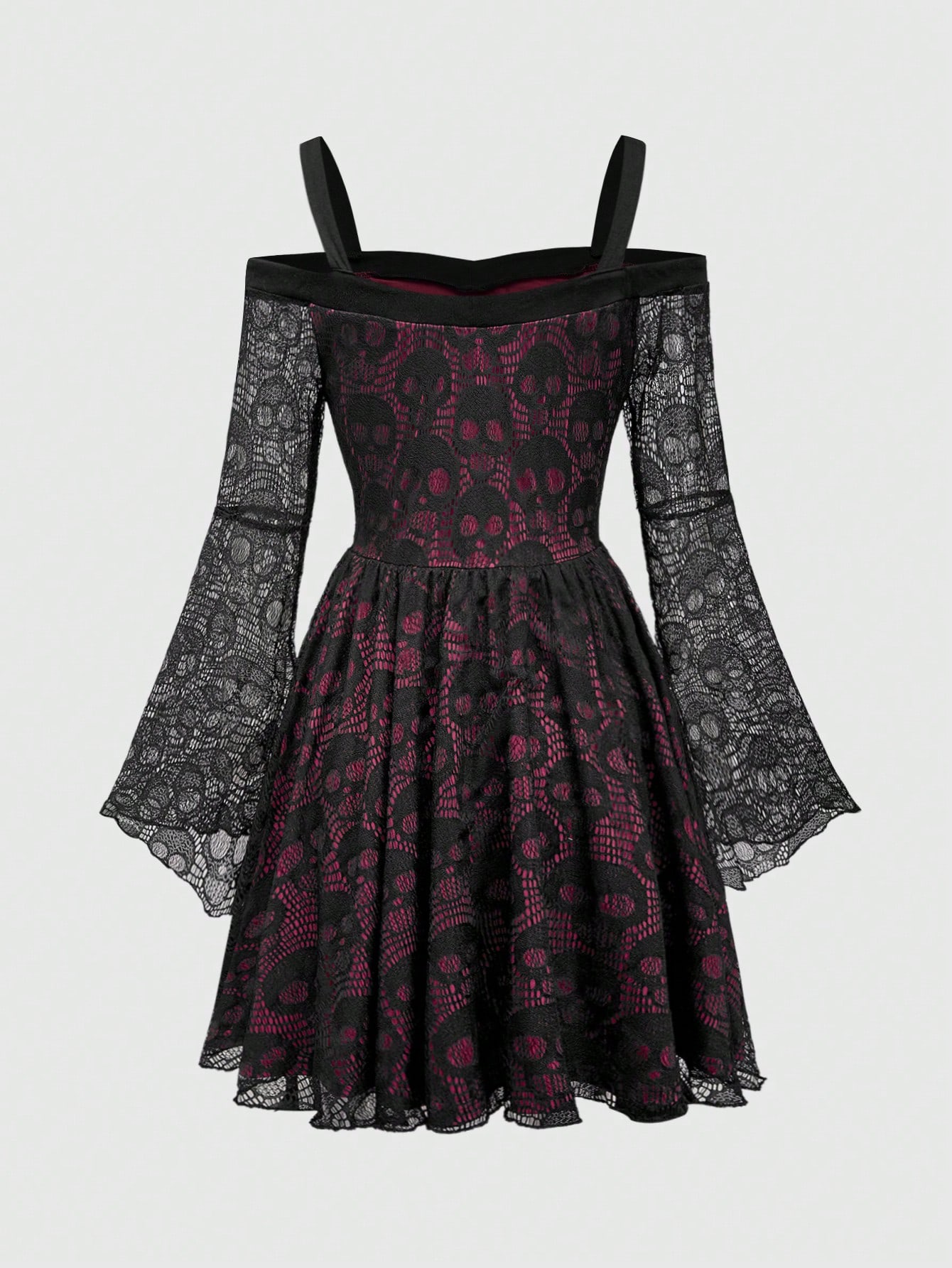 Goth Gothic Skull Lace Patchwork Off Shoulder Metal Strap Fitted Flare Sleeve Dress For Women, Valentine's Day