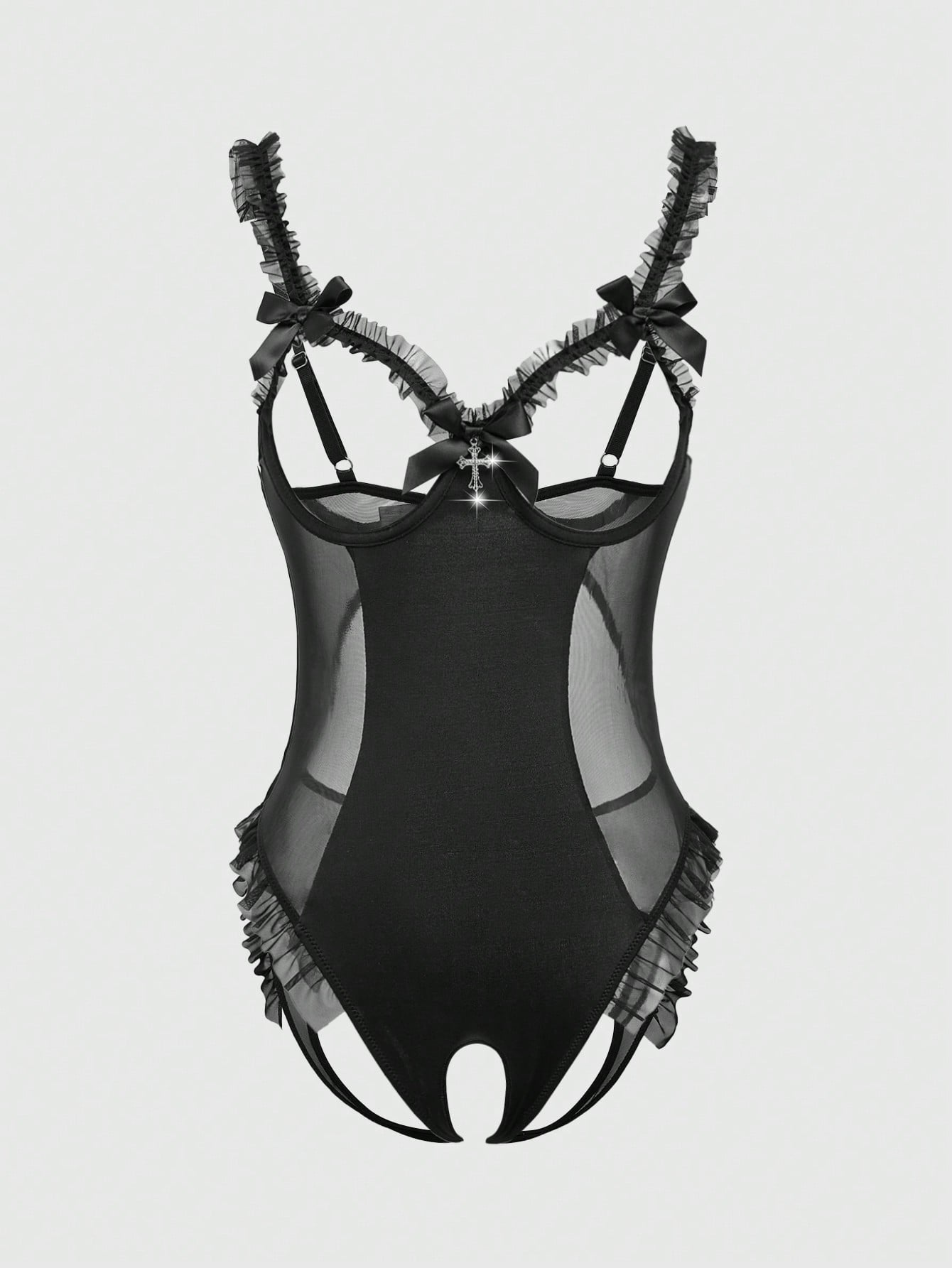Goth Goth Sexy See-Through Bow Tie Cross Pendant Bodysuit Lingerie