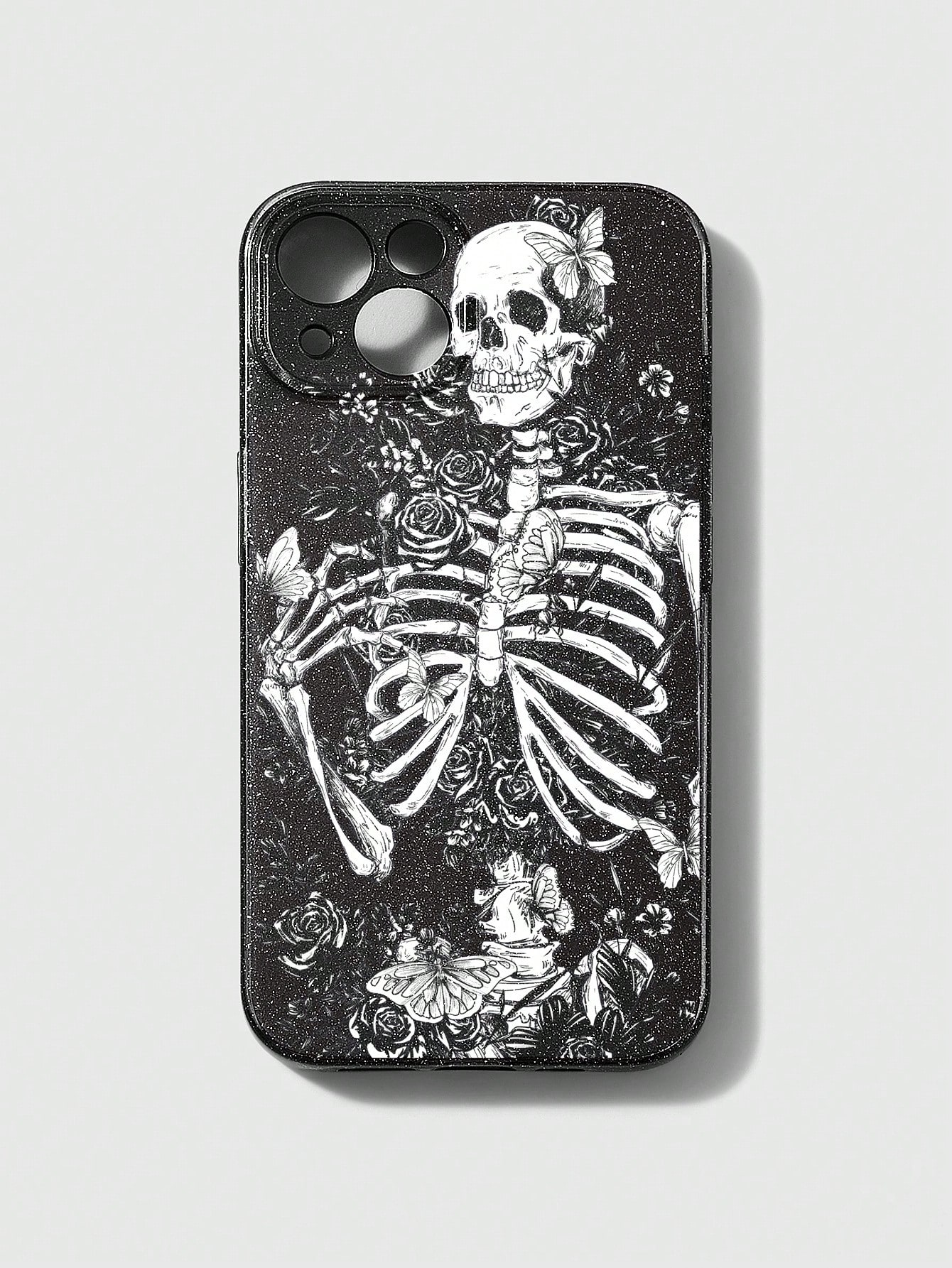 Goth 1 Pc Gothic Style Skull, Butterfly & Rose Pattern Black Sparkly Phone Case, Compatible With Iphone 13 14 15 16
