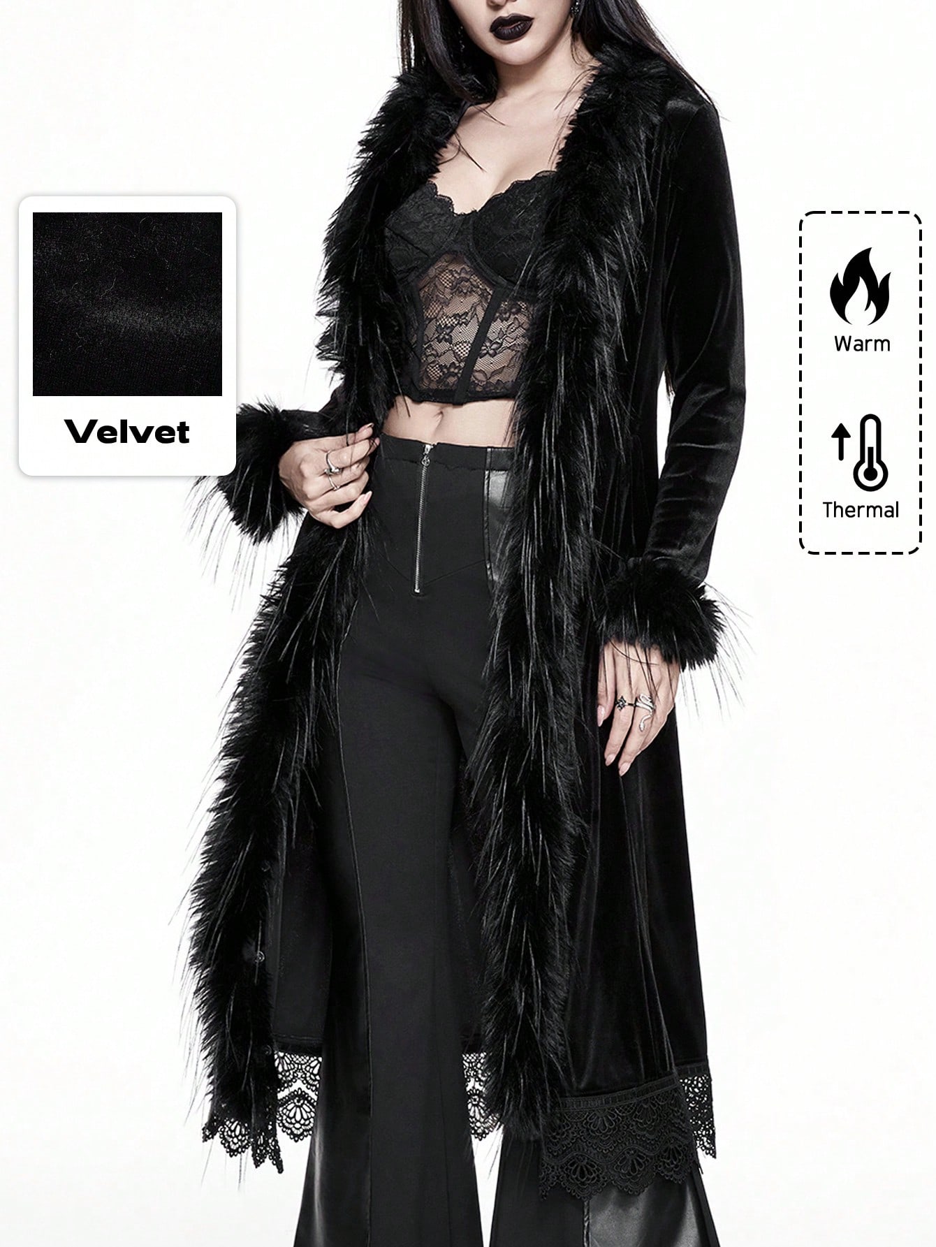 Goth New Year Gothic Style Fuzzy Patchwork Plush Solid Color Regular Jacket For Women, Warm Autumn/Winter