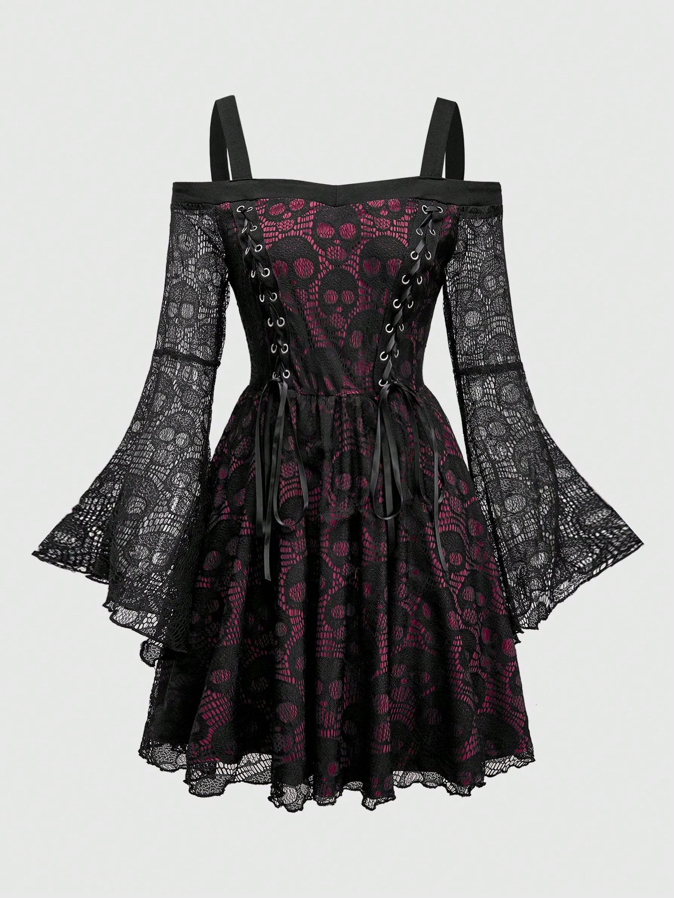 Goth Gothic Skull Lace Patchwork Off Shoulder Metal Strap Fitted Flare Sleeve Dress For Women, Valentine's Day