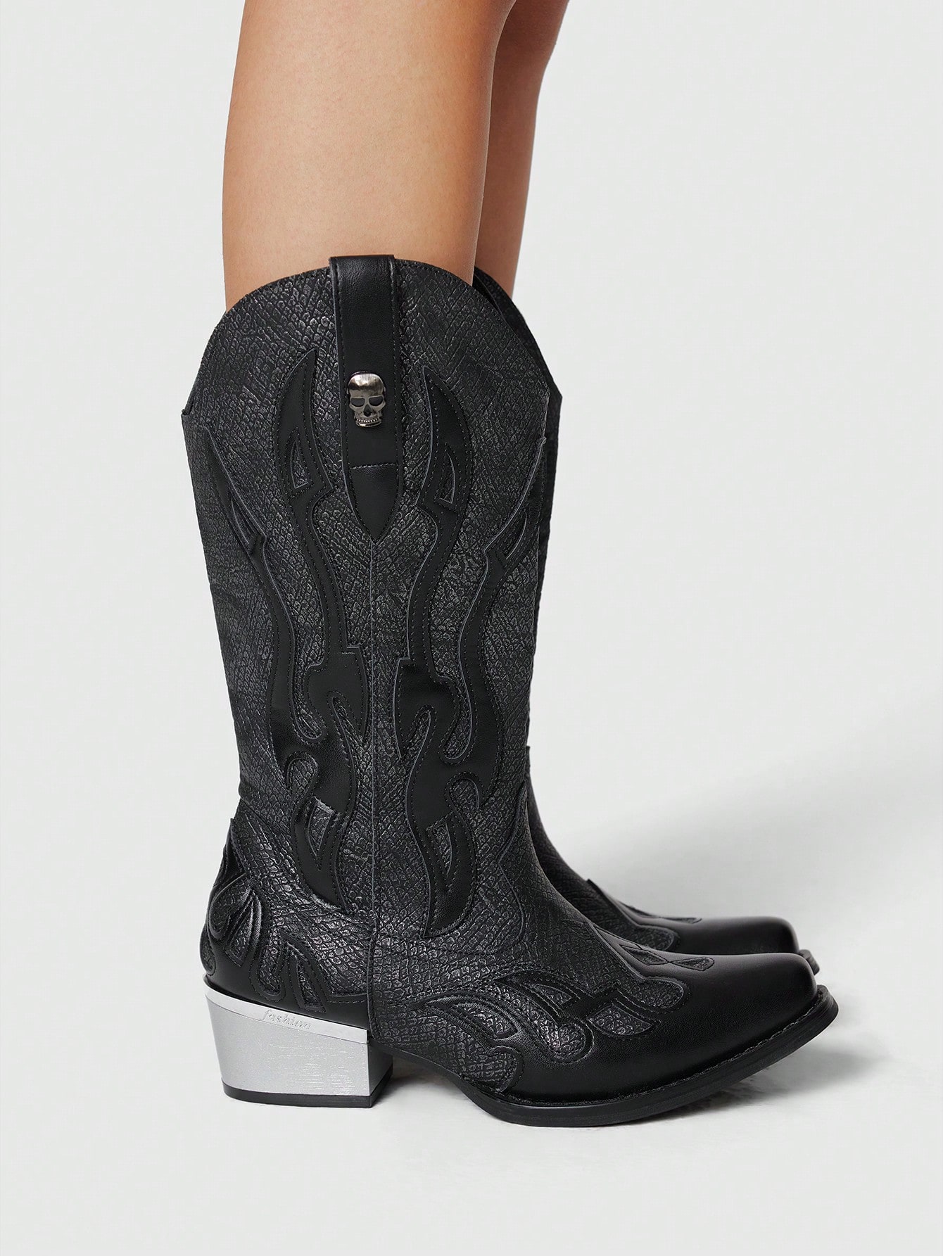 Skeleton Decor Mesh Patchwork Pointed Toe Chunky Heel Ankle Boots, Goth Punk Style, Suitable For Casual, Rock, Punk Wear