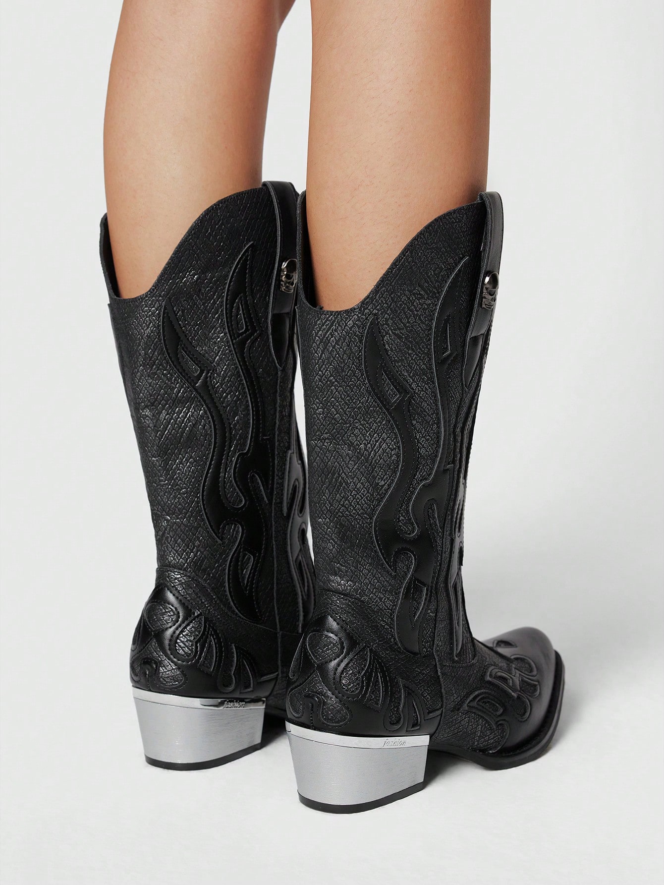 Skeleton Decor Mesh Patchwork Pointed Toe Chunky Heel Ankle Boots, Goth Punk Style, Suitable For Casual, Rock, Punk Wear