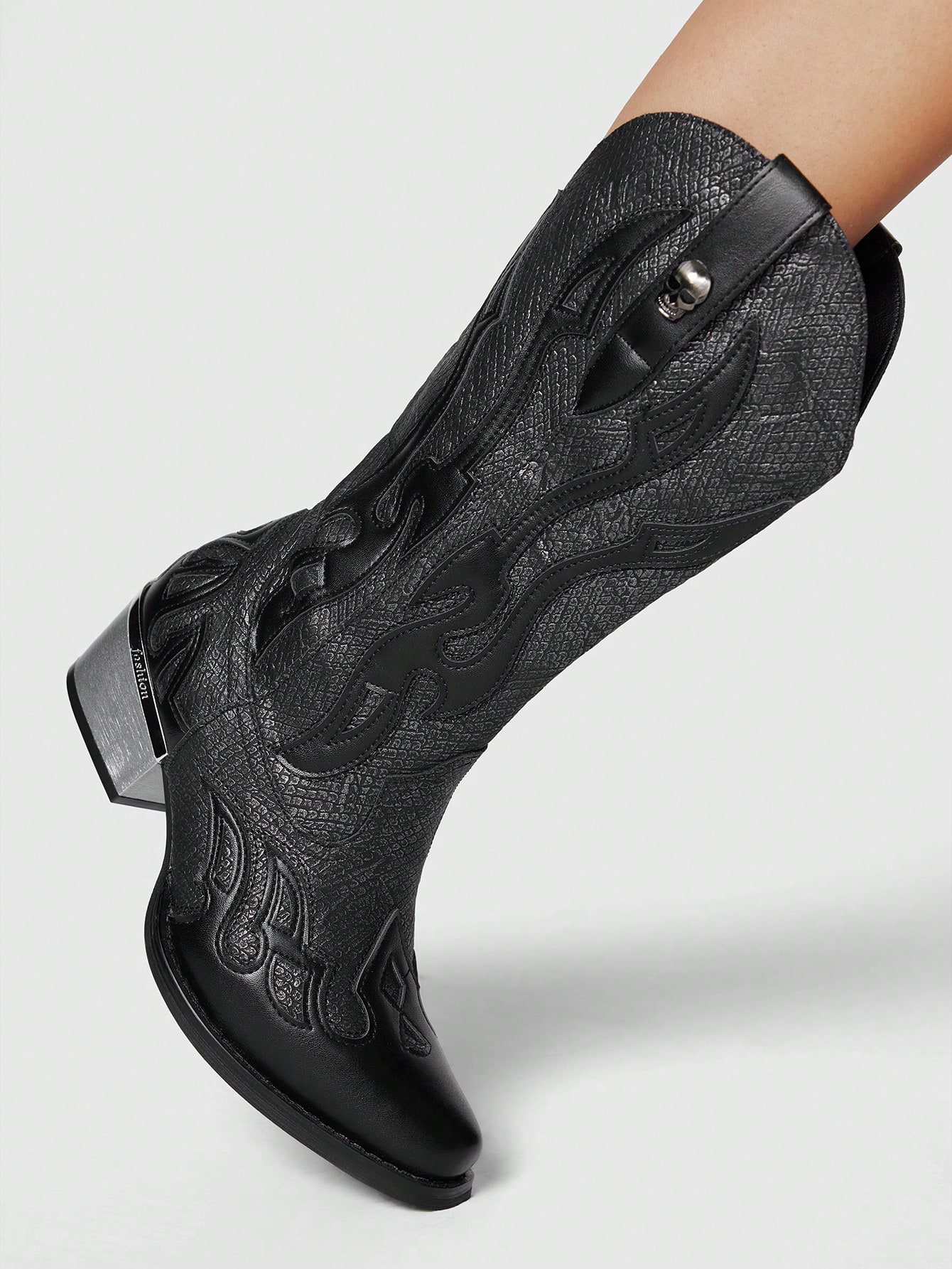 Skeleton Decor Mesh Patchwork Pointed Toe Chunky Heel Ankle Boots, Goth Punk Style, Suitable For Casual, Rock, Punk Wear