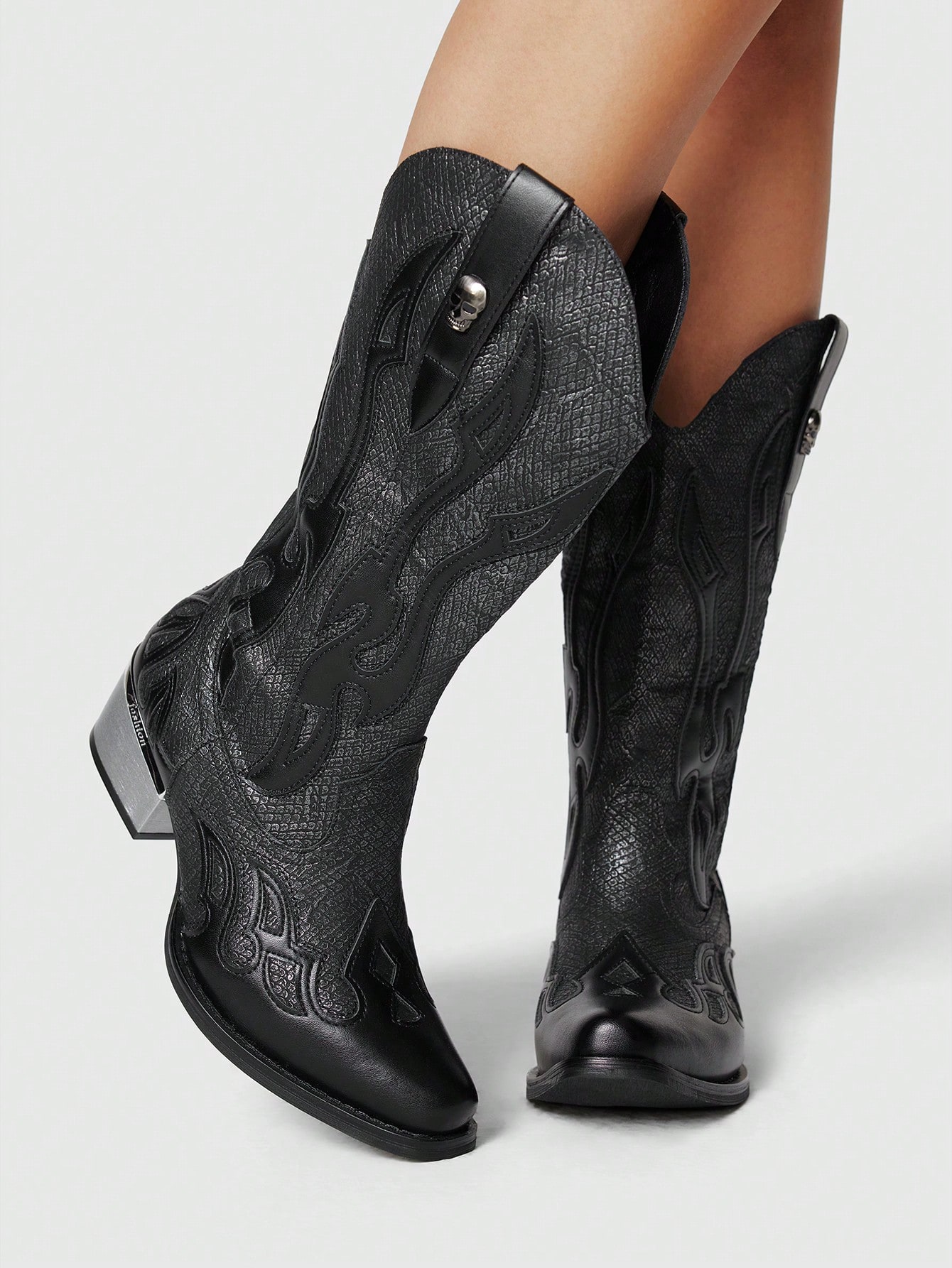 Skeleton Decor Mesh Patchwork Pointed Toe Chunky Heel Ankle Boots, Goth Punk Style, Suitable For Casual, Rock, Punk Wear