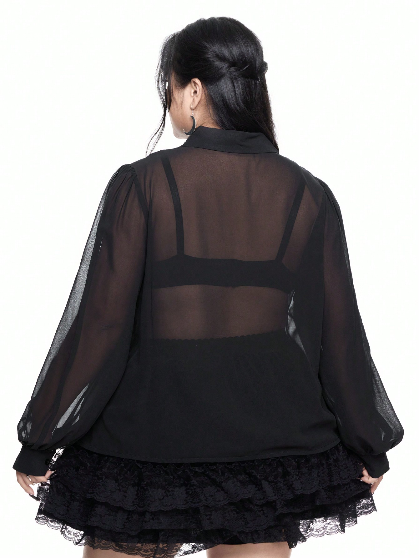 Goth Gothic Palace Style Cross Lace Collar Loose See-Through Blouse, Plus Size