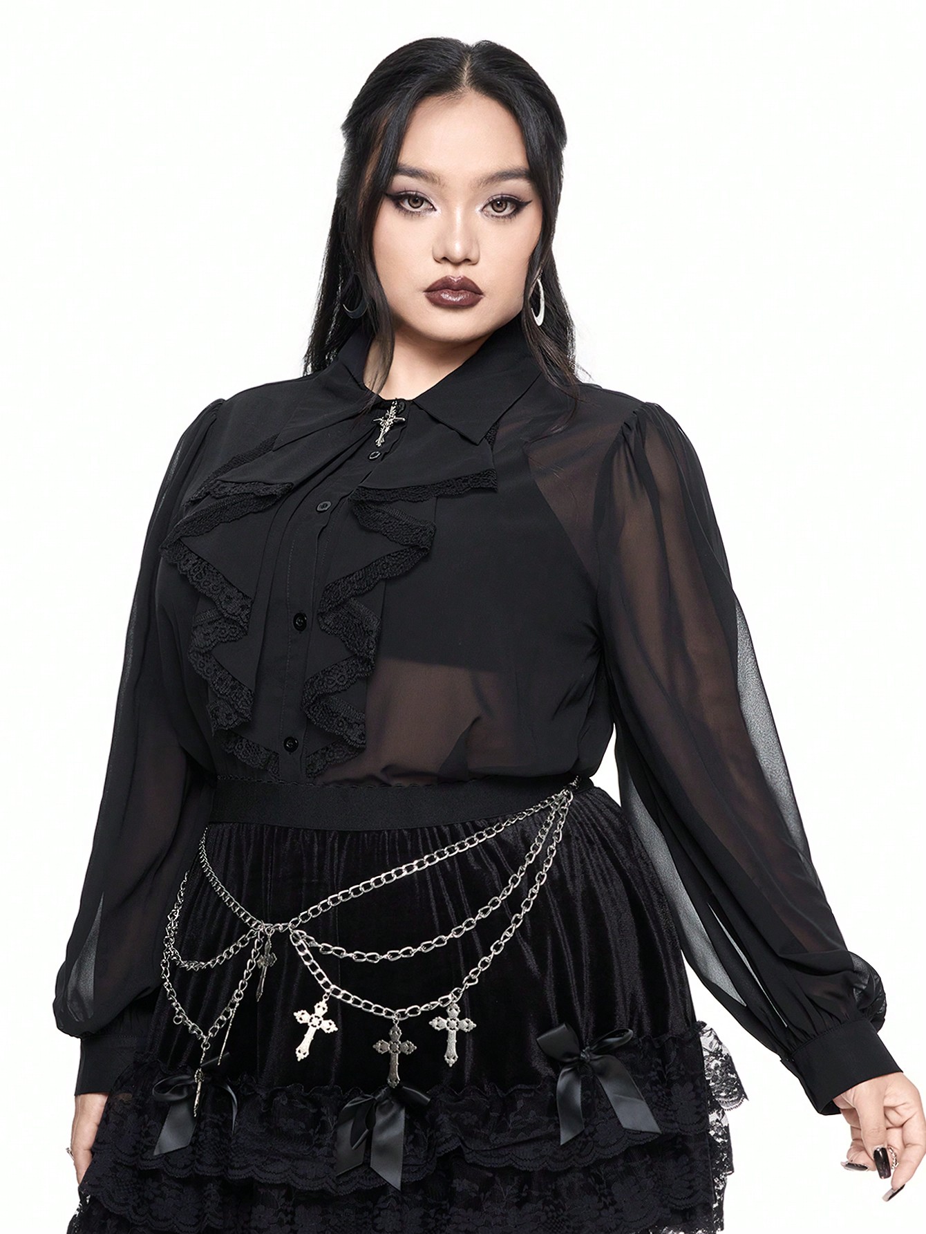 Goth Gothic Palace Style Cross Lace Collar Loose See-Through Blouse, Plus Size