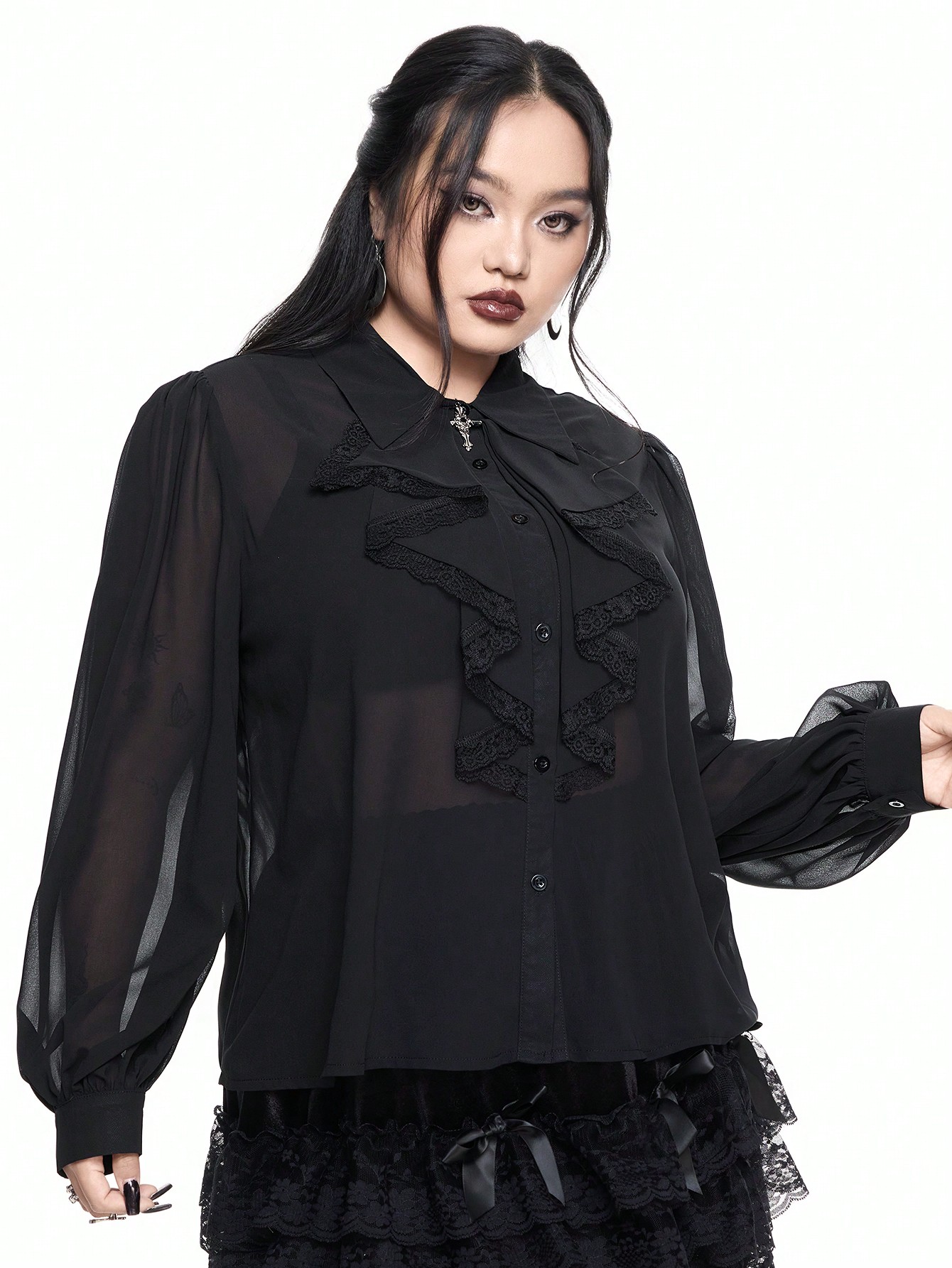 Goth Gothic Palace Style Cross Lace Collar Loose See-Through Blouse, Plus Size