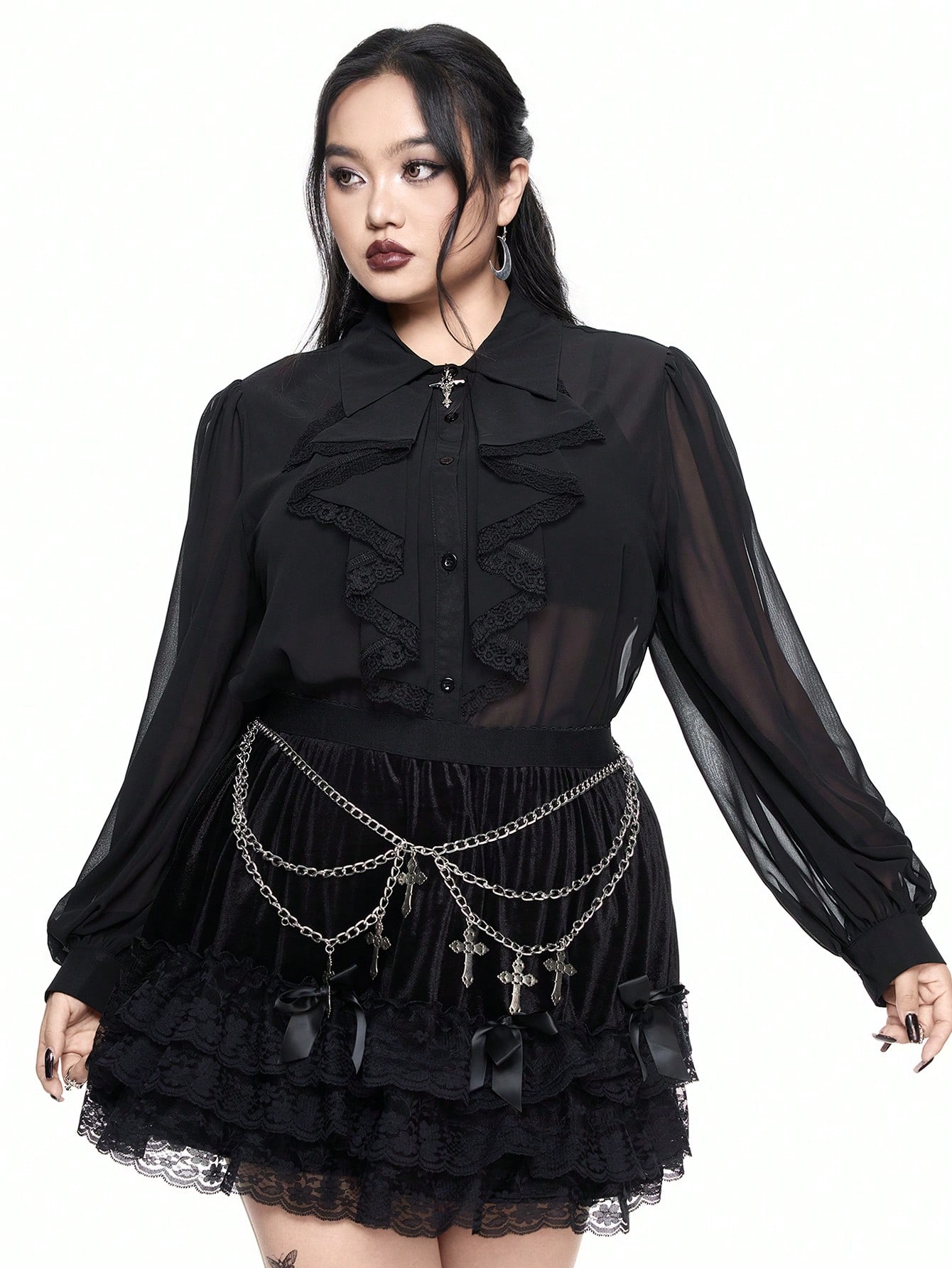 Goth Gothic Palace Style Cross Lace Collar Loose See-Through Blouse, Plus Size
