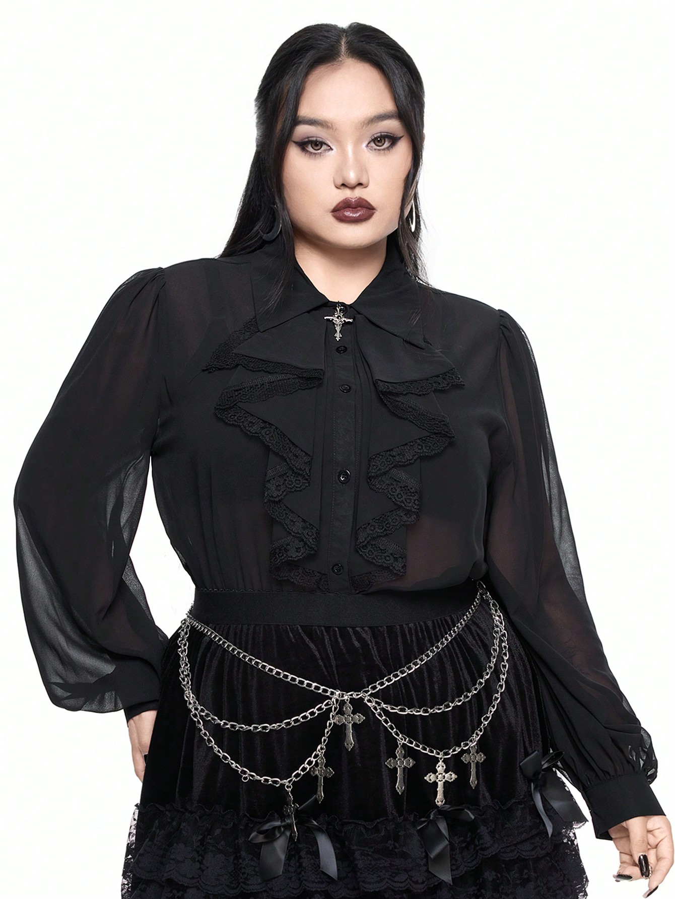 Goth Gothic Palace Style Cross Lace Collar Loose See-Through Blouse, Plus Size