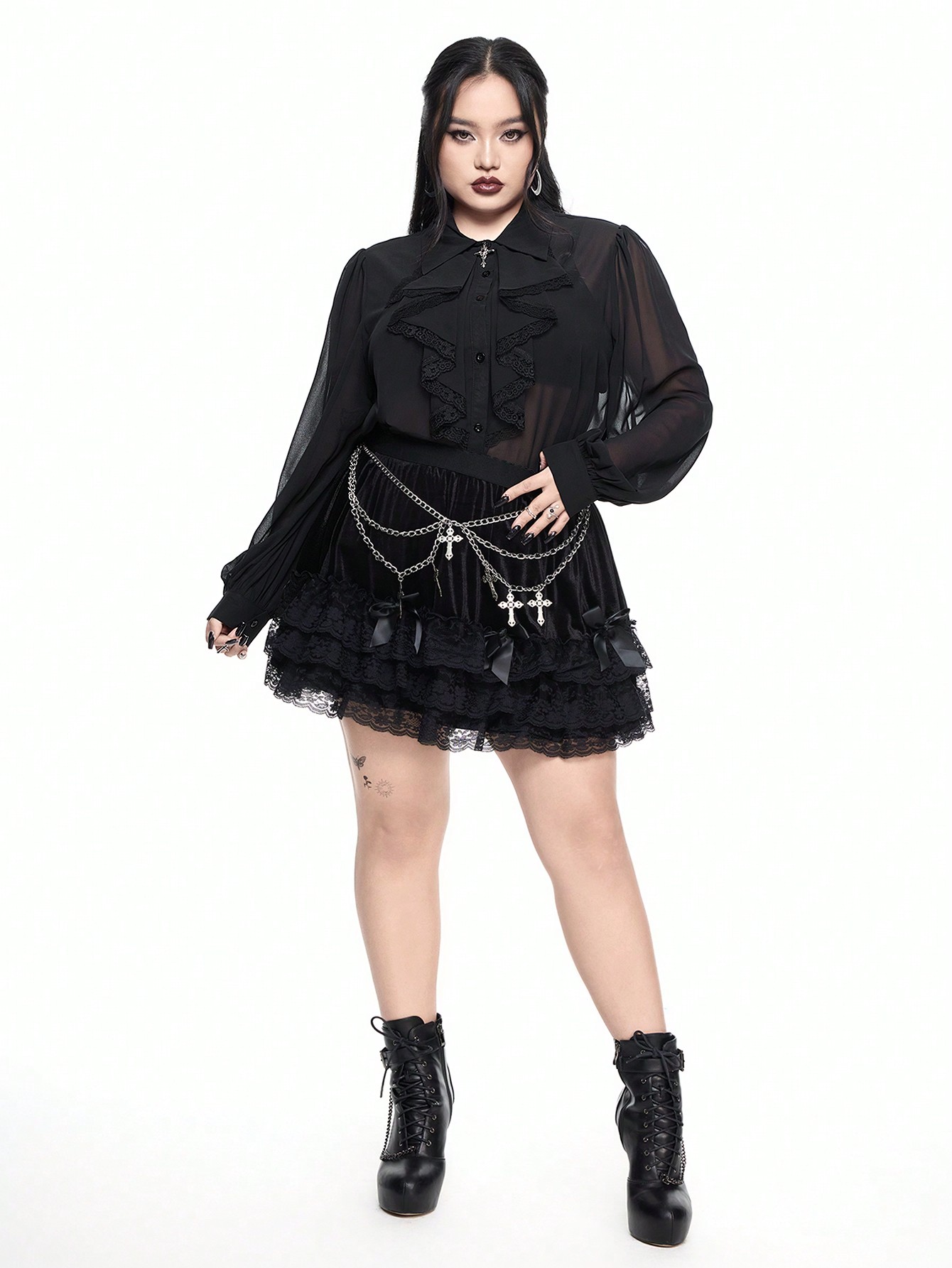 Goth Gothic Palace Style Cross Lace Collar Loose See-Through Blouse, Plus Size