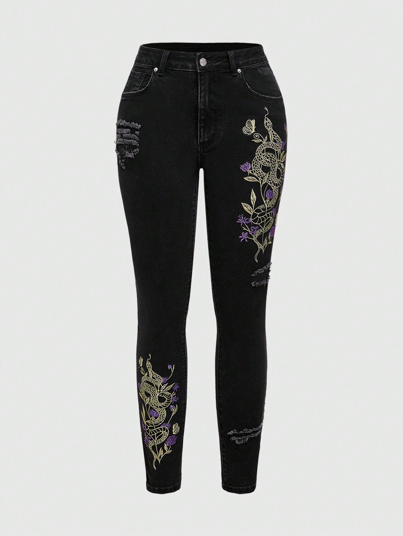 Fairycore Women's Fairycore Snake & Vine Embroidered Distressed Black Denim Jeans
