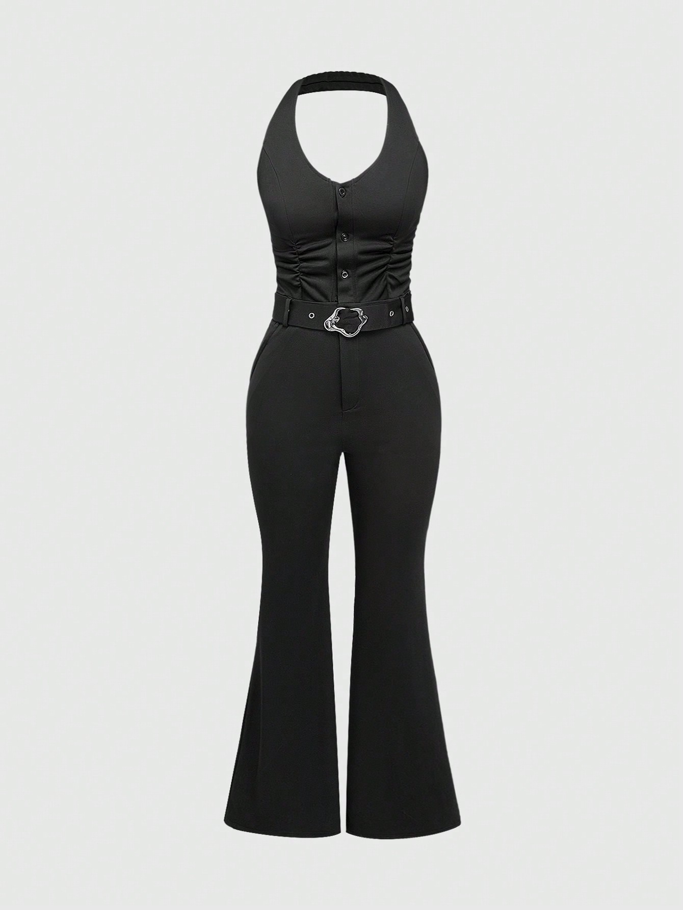 Women's Halter Top With Asymmetric Clasp & Flare Leg Jumpsuit