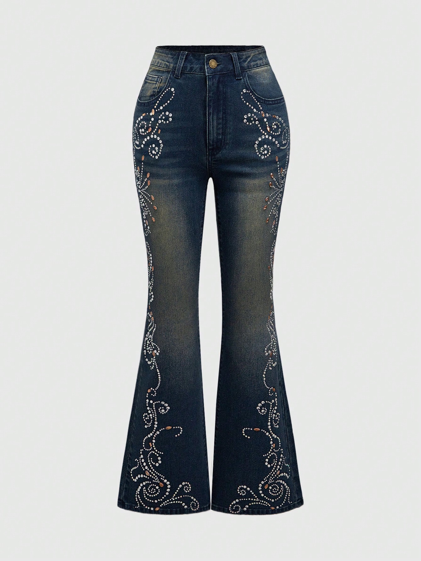 Women Punk Retro Luxury Rhinestone Embellished Flared Denim Jeans