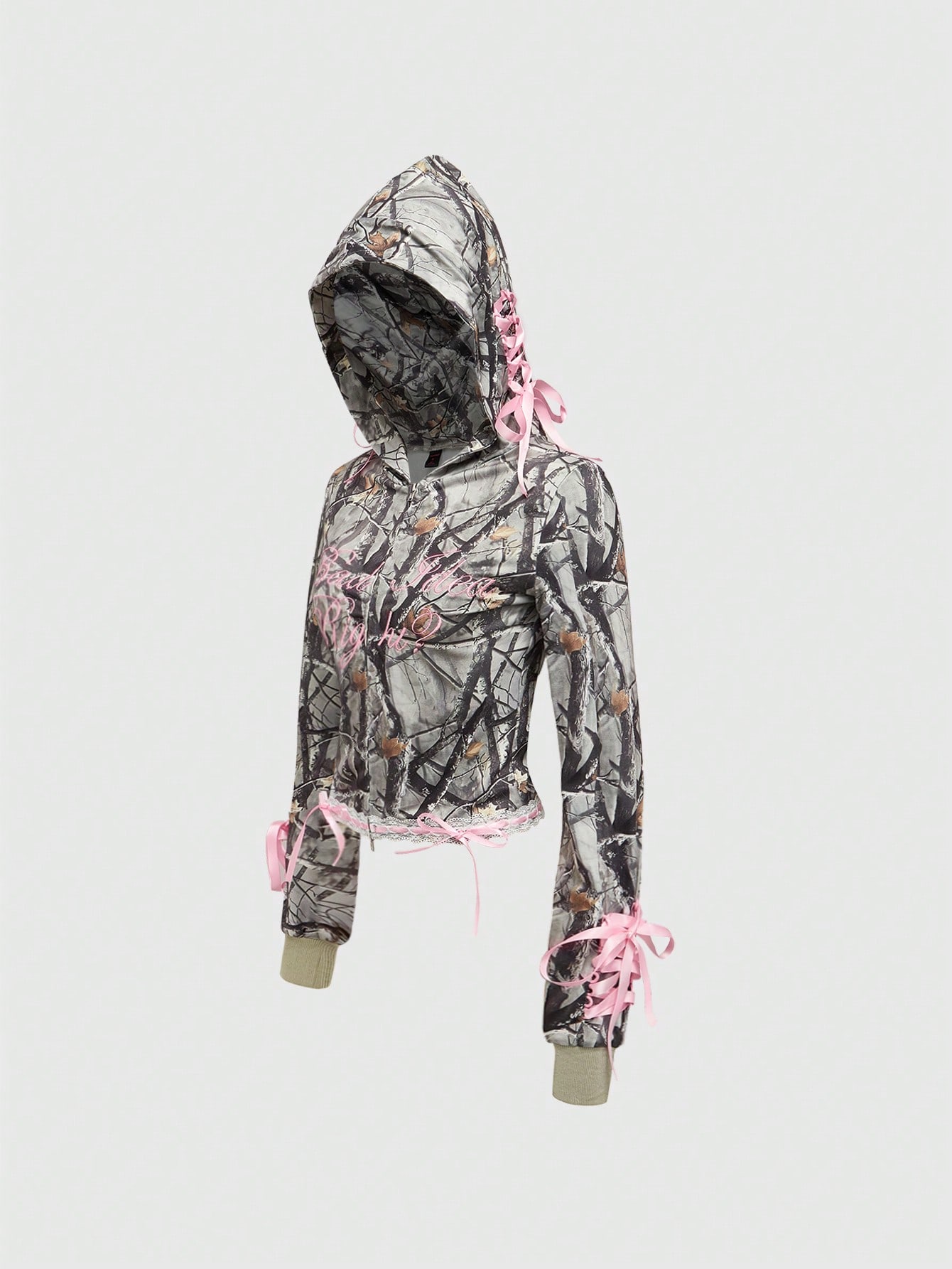 Kawaii 2pcs Y2K Baddie Autumn/Winter Streetwear Camouflage Bow Lace-Up Embroidered Hoodie Set For Women