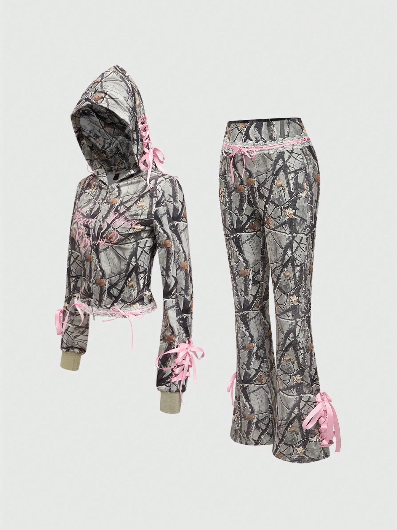Kawaii 2pcs Y2K Baddie Autumn/Winter Streetwear Camouflage Bow Lace-Up Embroidered Hoodie Set For Women